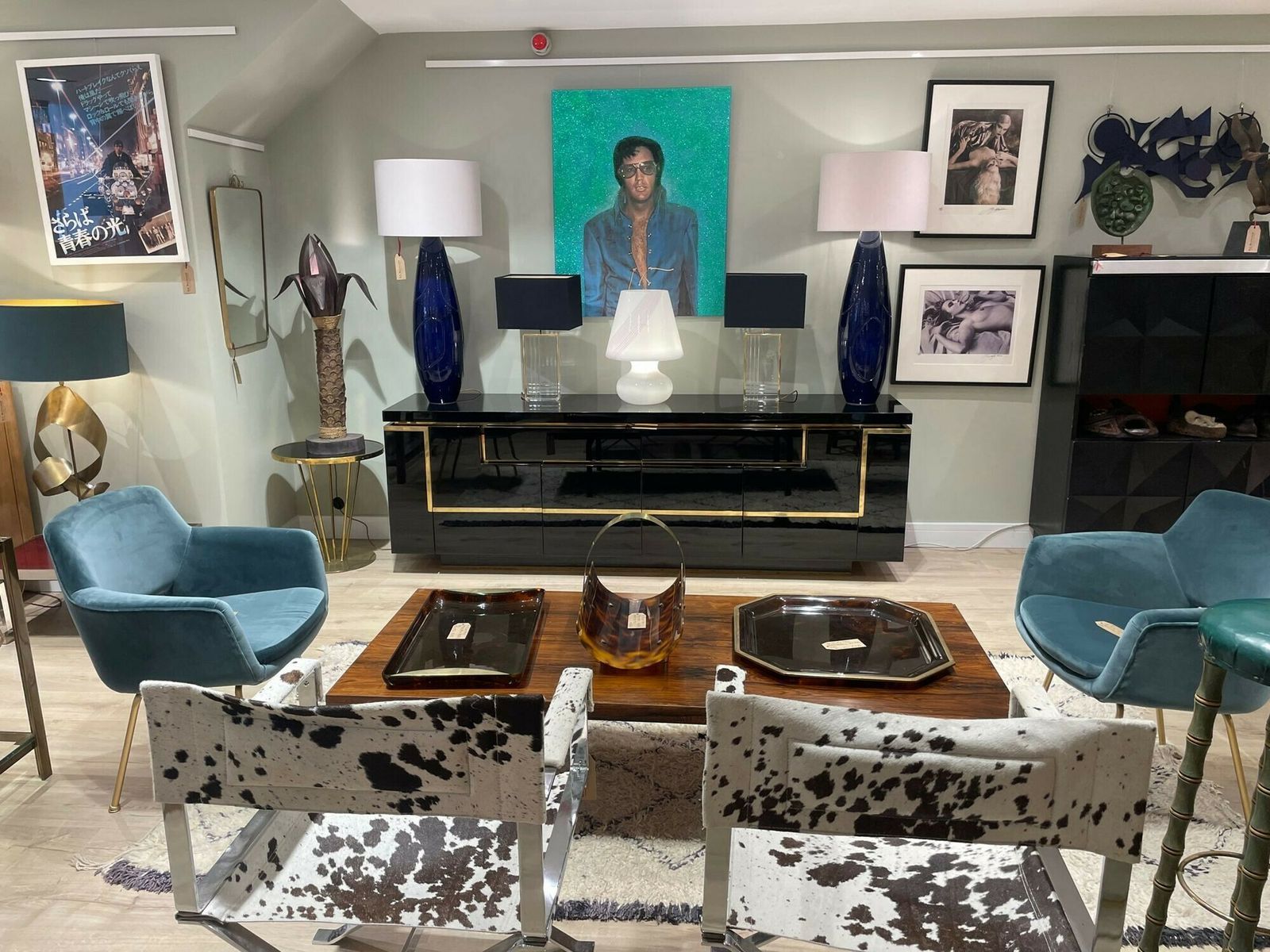 A Pair Of Italian 1980s Large Blue Ceramic And Brass Lamps, Rewired With With New Fittings. Shades Included And Dimensions Are With The Shades. photo 2250.0