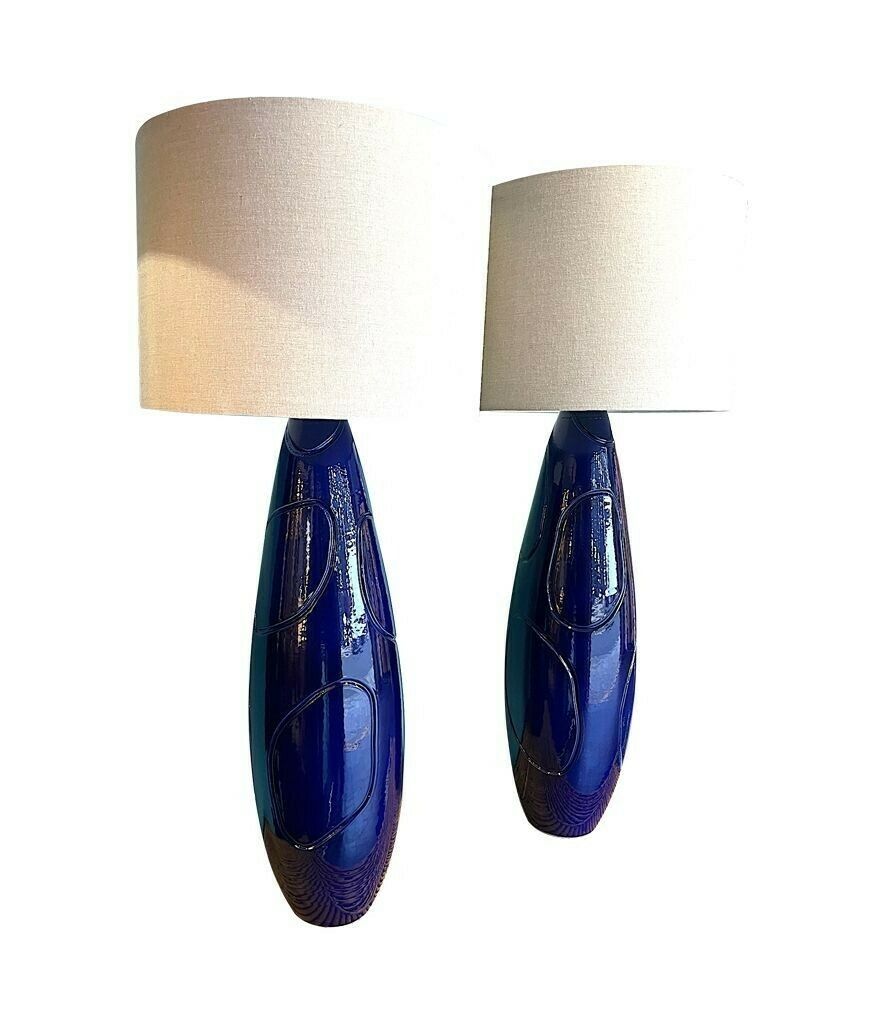 A Pair Of Italian 1980s Large Blue Ceramic And Brass Lamps, Rewired With With New Fittings. Shades Included And Dimensions Are With The Shades. photo buy
