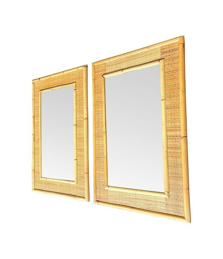 A Pair Of Large Italian 1970s Bamboo And Woven Rattan Mirrors By Dal Vera photo for sale