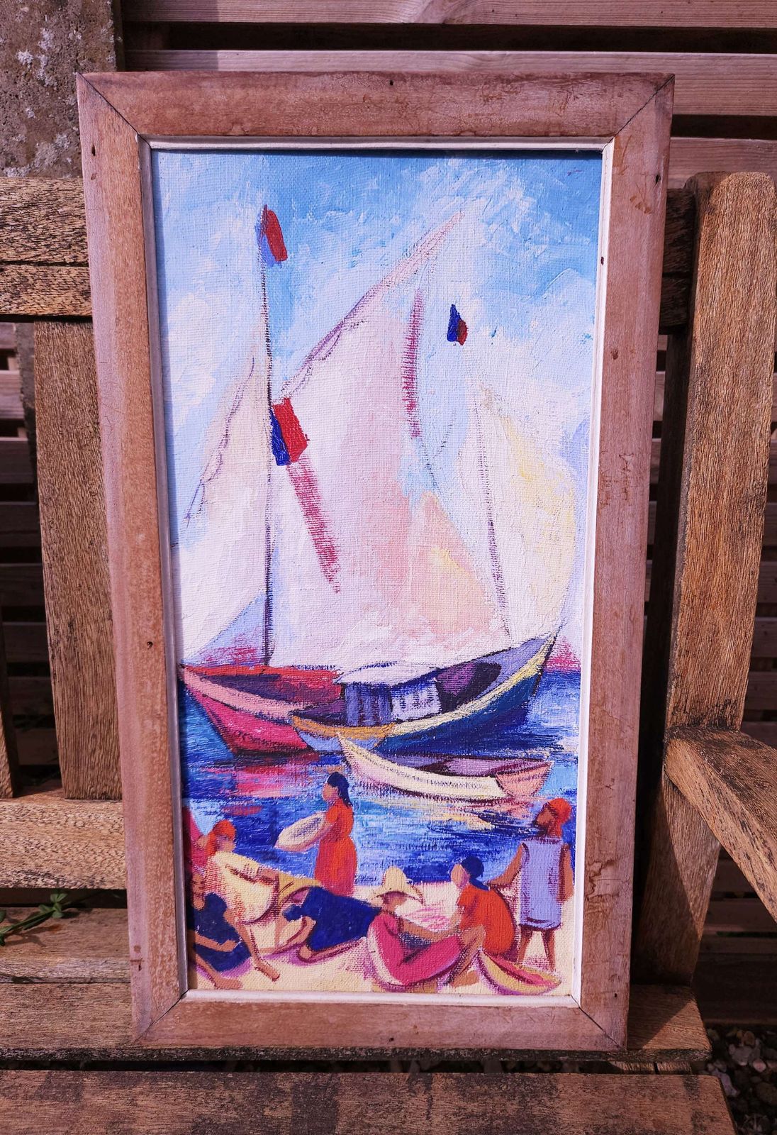 Colourful, Wood Framed Oil On Canvas Of Quayside Scene With Sailing Boats
