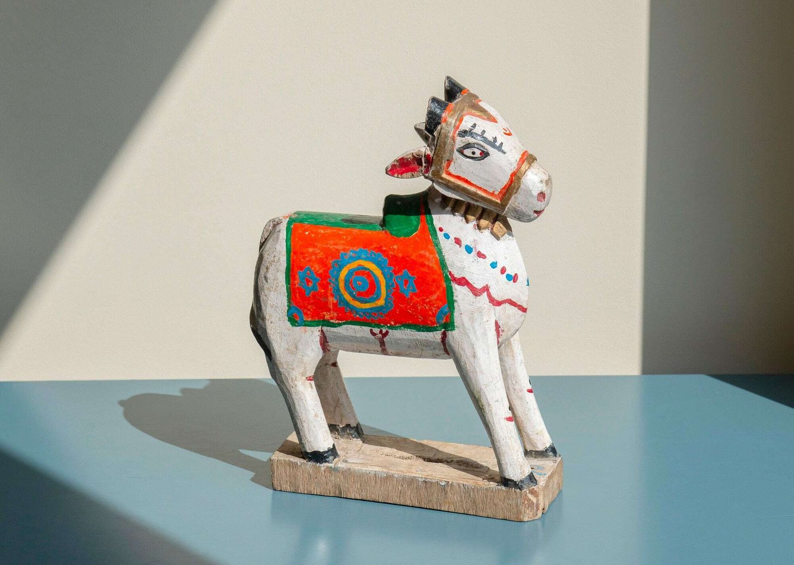 Antique Indian Nandi Cow, Carved Wooden Statue, Folk Art, Decorative Bull Figurine, Made In India, Old Hand Painted Colorful Toy photo for sale