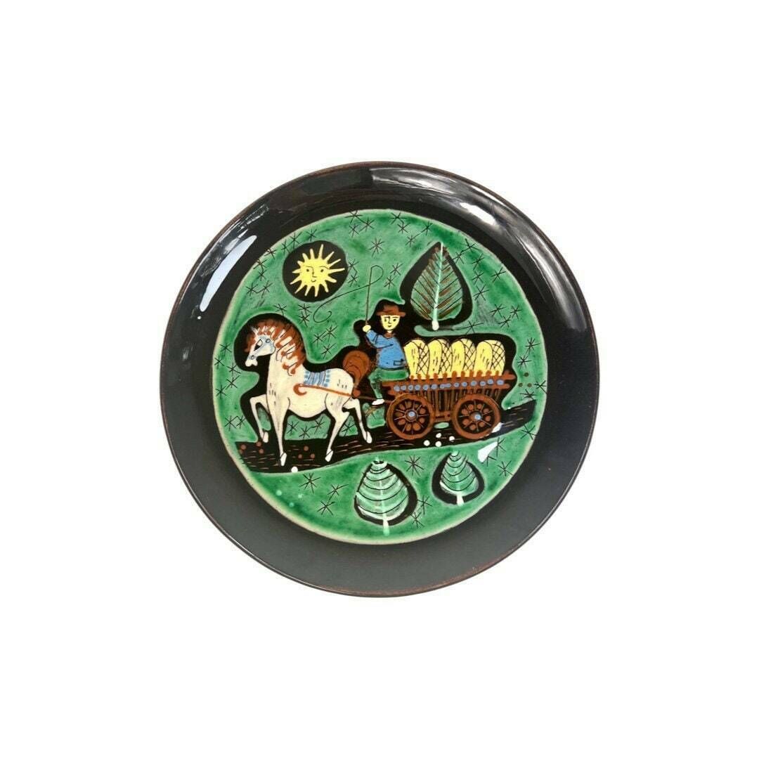 Mcm Swiss Pottery Wall Plate Horse Theme Gift   Hand Painted European Ceramic Art Grandpa Chic Wall Plate Dark Brown Mid Century Aesthetic
