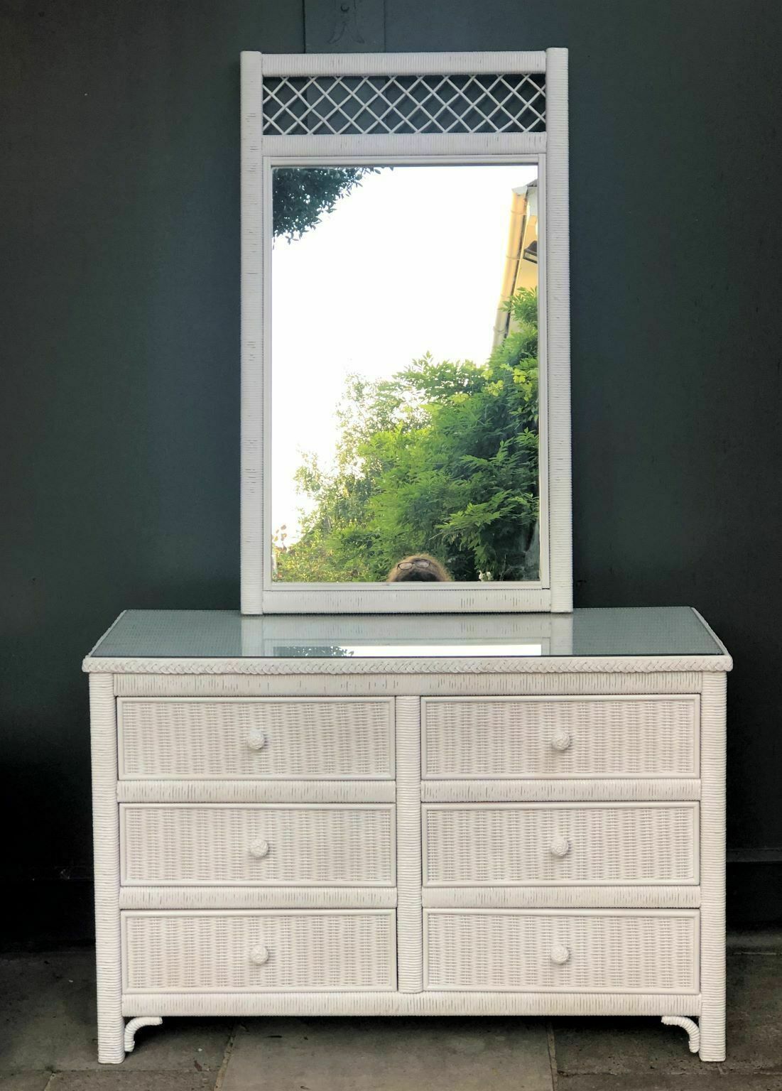 Mid Century Wicker Bedroom Suite Chest Of Drawers, Bedside Cabinets & Mirror By Henry Link, 1980s photo for sale