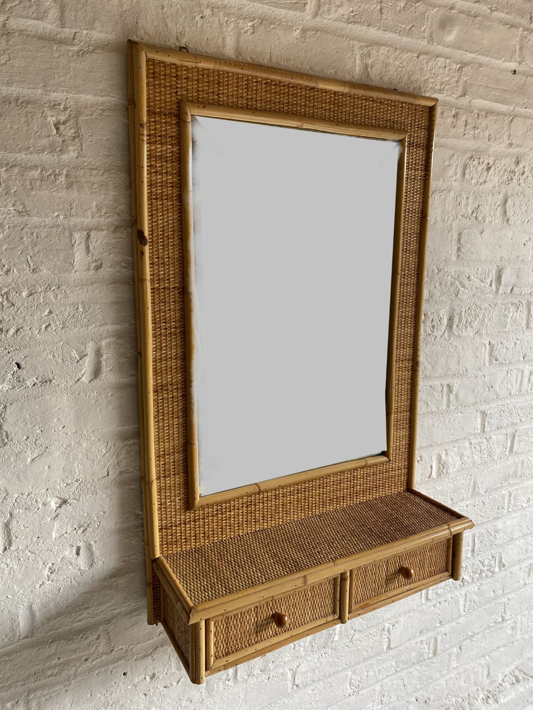 Mid Century Rattan & Cane Wall Mirror With Drawers, Italian, 1970s photo buy
