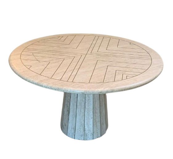 Willy Rizzo Mid Century Travertine Round Dining Table With Brass Inlay, Italian, 1970s photo Furniture