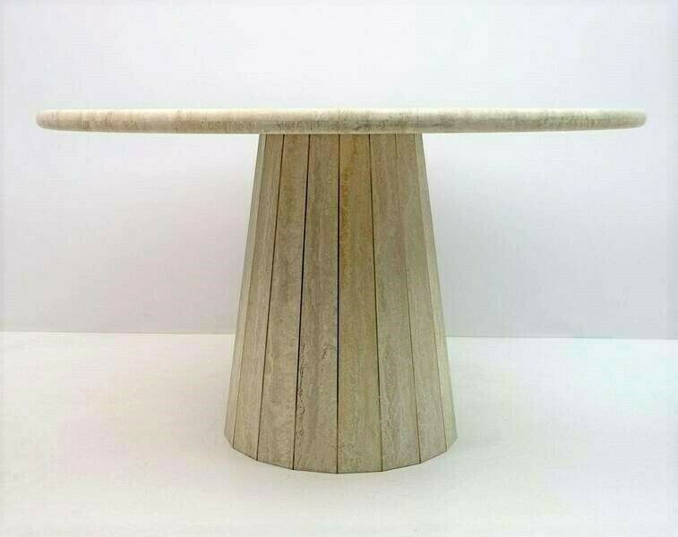 photo for sale Willy Rizzo Mid Century Travertine Round Dining Table With Brass Inlay, Italian, 1970s