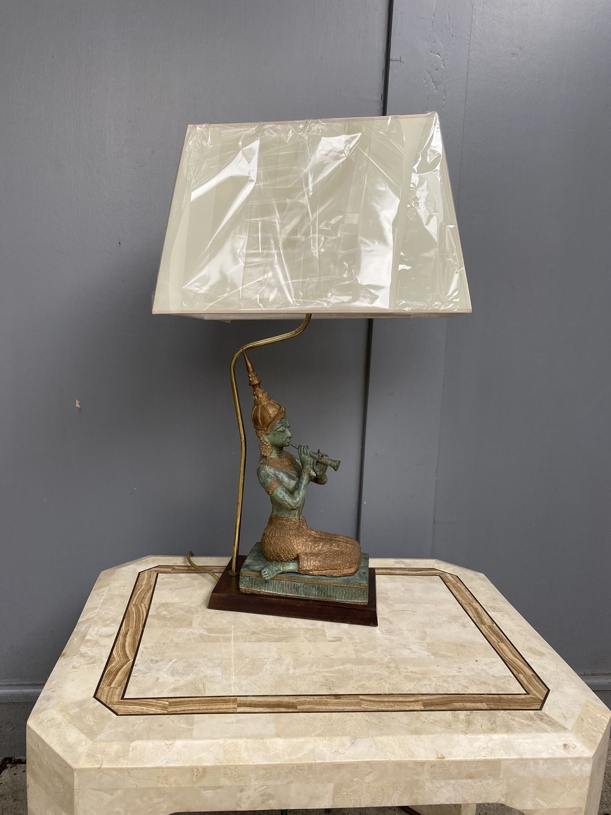 photo for sale Vintage Bronze Table Lamp Depicting Thai Musician + Shade, 1960s