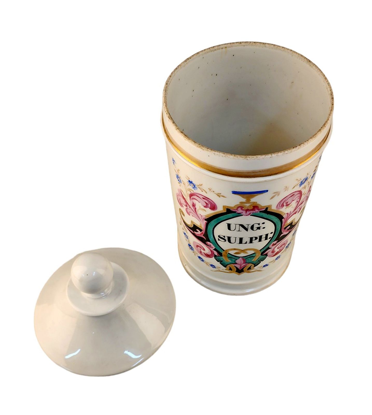 Late 18th Century French Glazed Porcelain Apothecary/Pharmacy Jar With Lid   'Ung: Sulph' photo for sale
