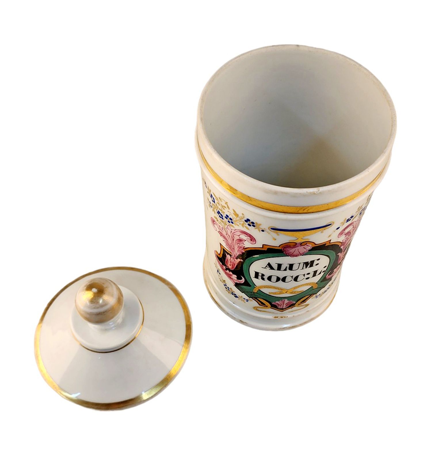Late 18th Century French Glazed Porcelain Apothecary/Pharmacy Jar With Lid   'Alum: Rocc: L:' photo Home Decor