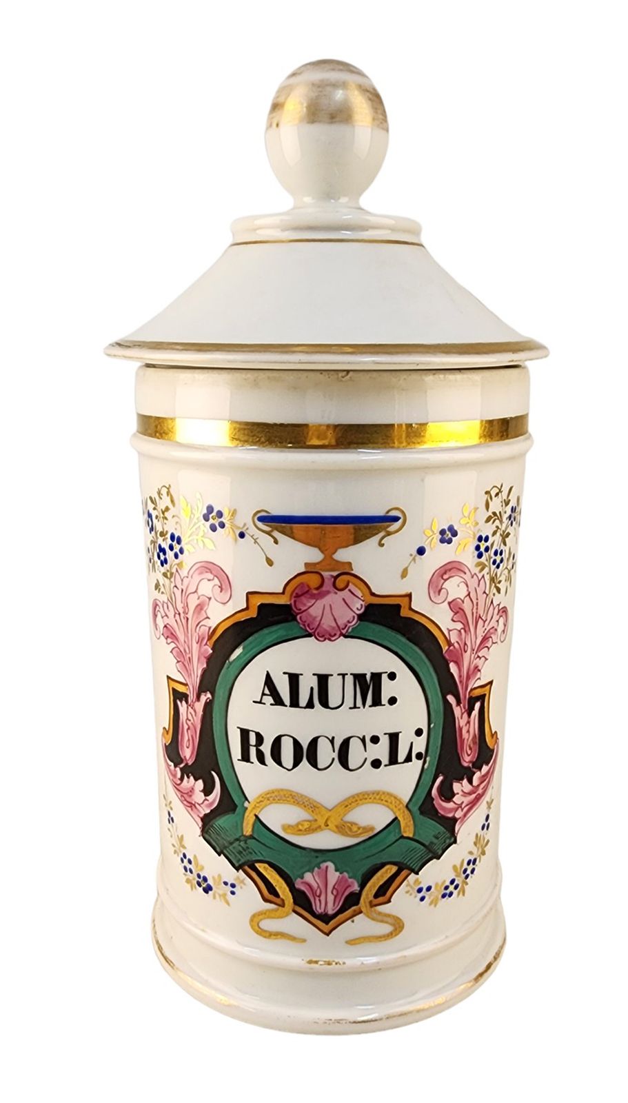 Late 18th Century French Glazed Porcelain Apothecary/Pharmacy Jar With Lid   'Alum: Rocc: L:'
