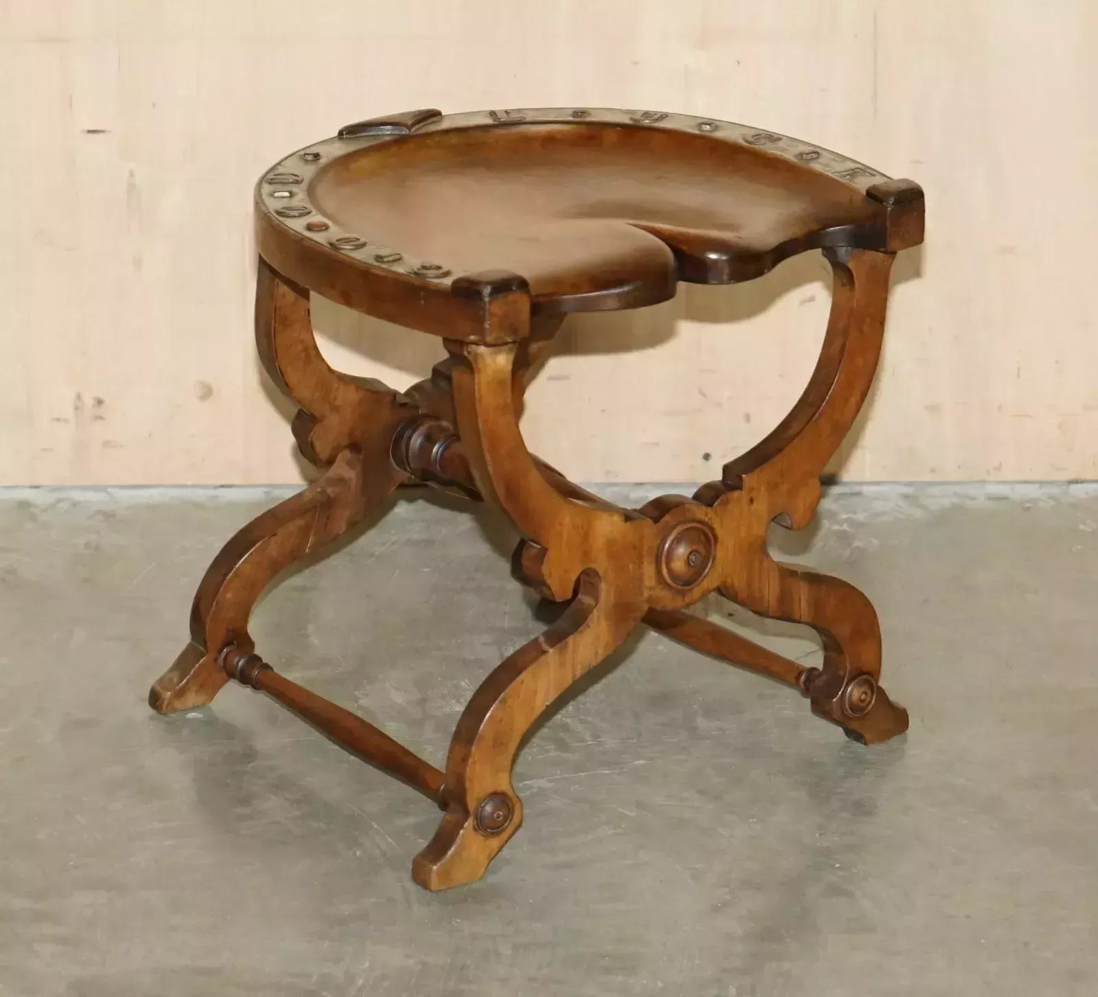 Sublime Antique Victorian Hand Carved English Oak "Good Luck" Horse Shoe Stool photo furniture
