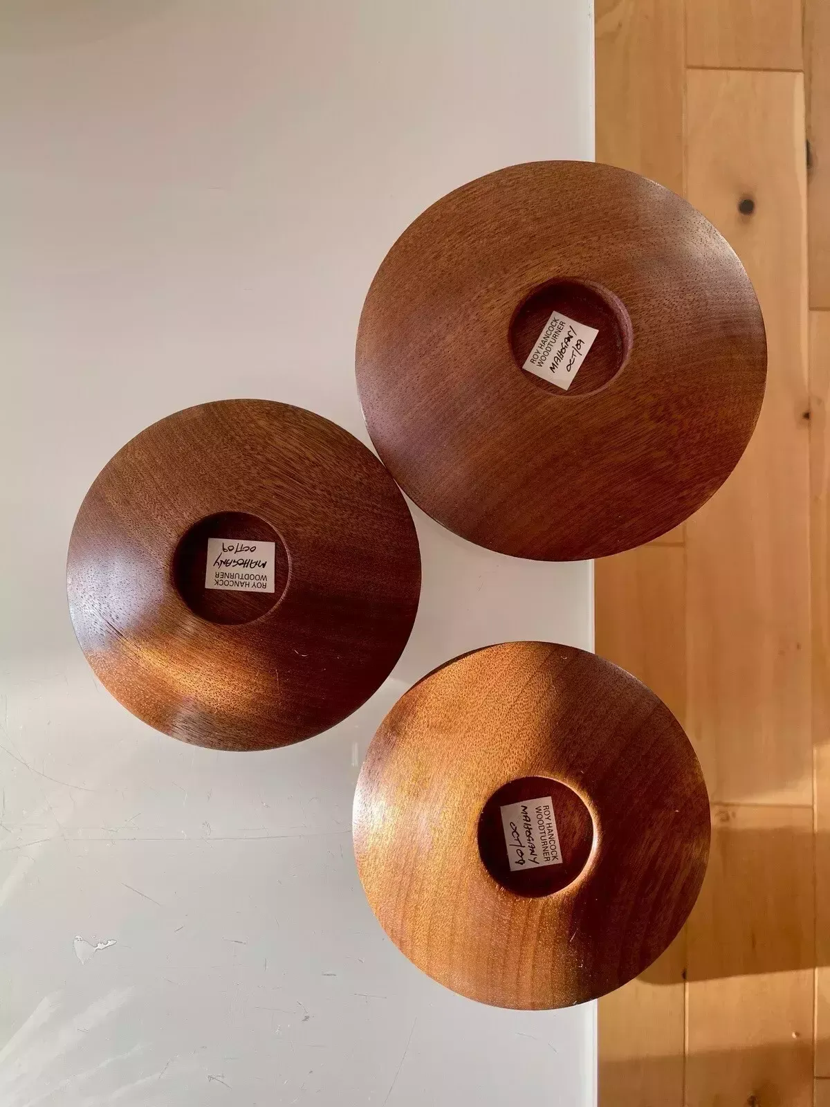 50.0 3 Retro Style Turned Mahogany Flying Saucer Tea Light Holders By Roy Hancock photo