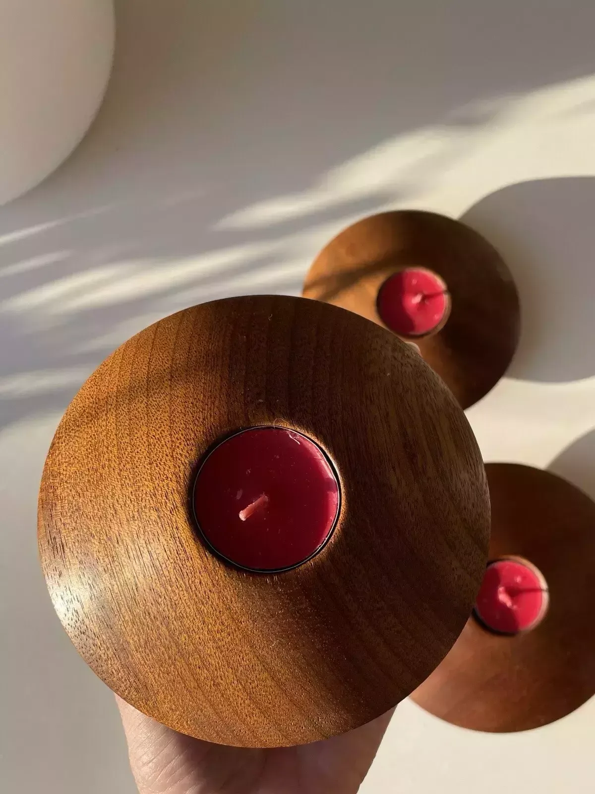 photo vinterior 3 Retro Style Turned Mahogany Flying Saucer Tea Light Holders By Roy Hancock
