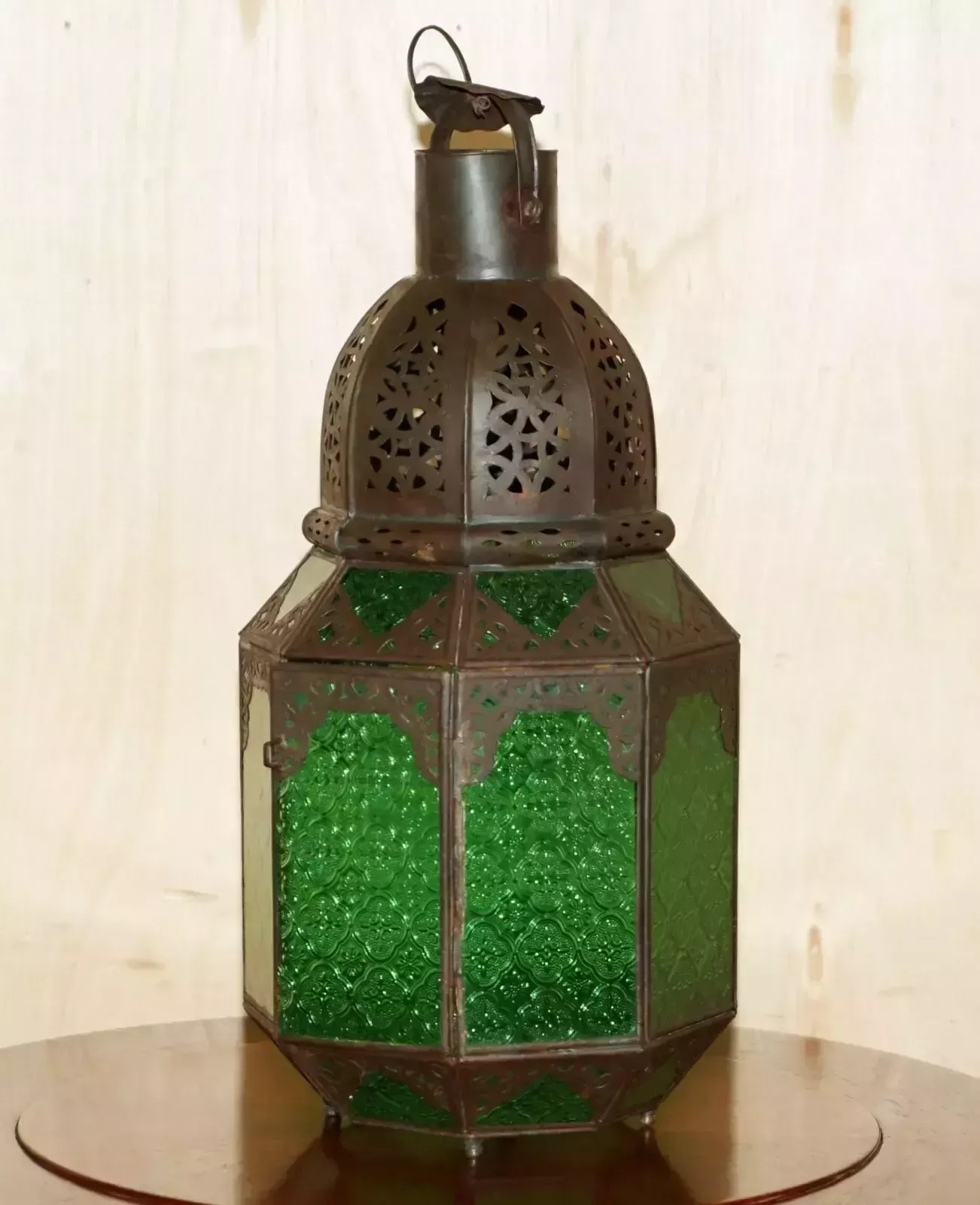 Antique Repousse Moroccan Bronzed Hanging Lantern Jade Green Glass Panels photo furniture