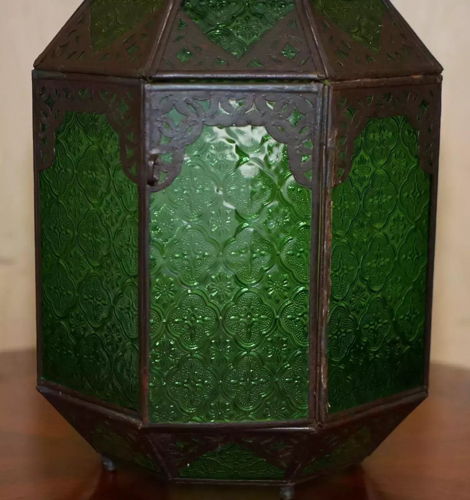 Antique Repousse Moroccan Bronzed Hanging Lantern Jade Green Glass Panels photo Lighting