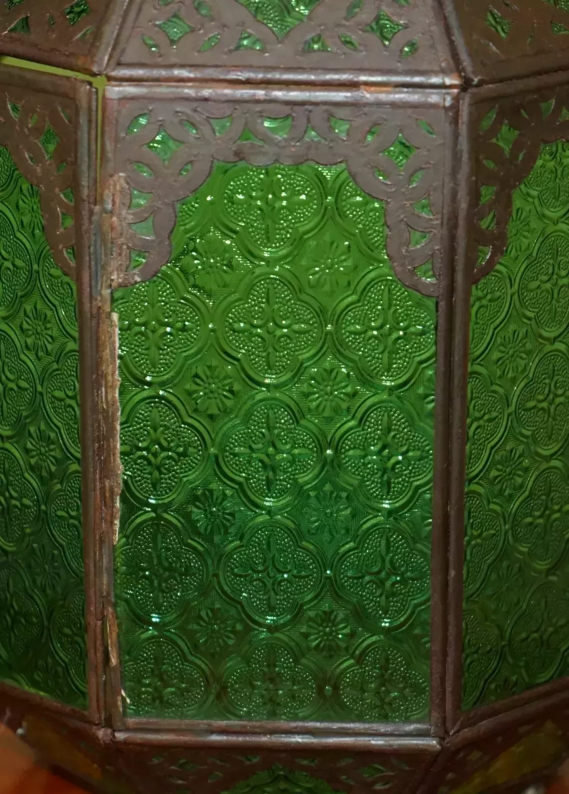 Antique Repousse Moroccan Bronzed Hanging Lantern Jade Green Glass Panels photo 495.0