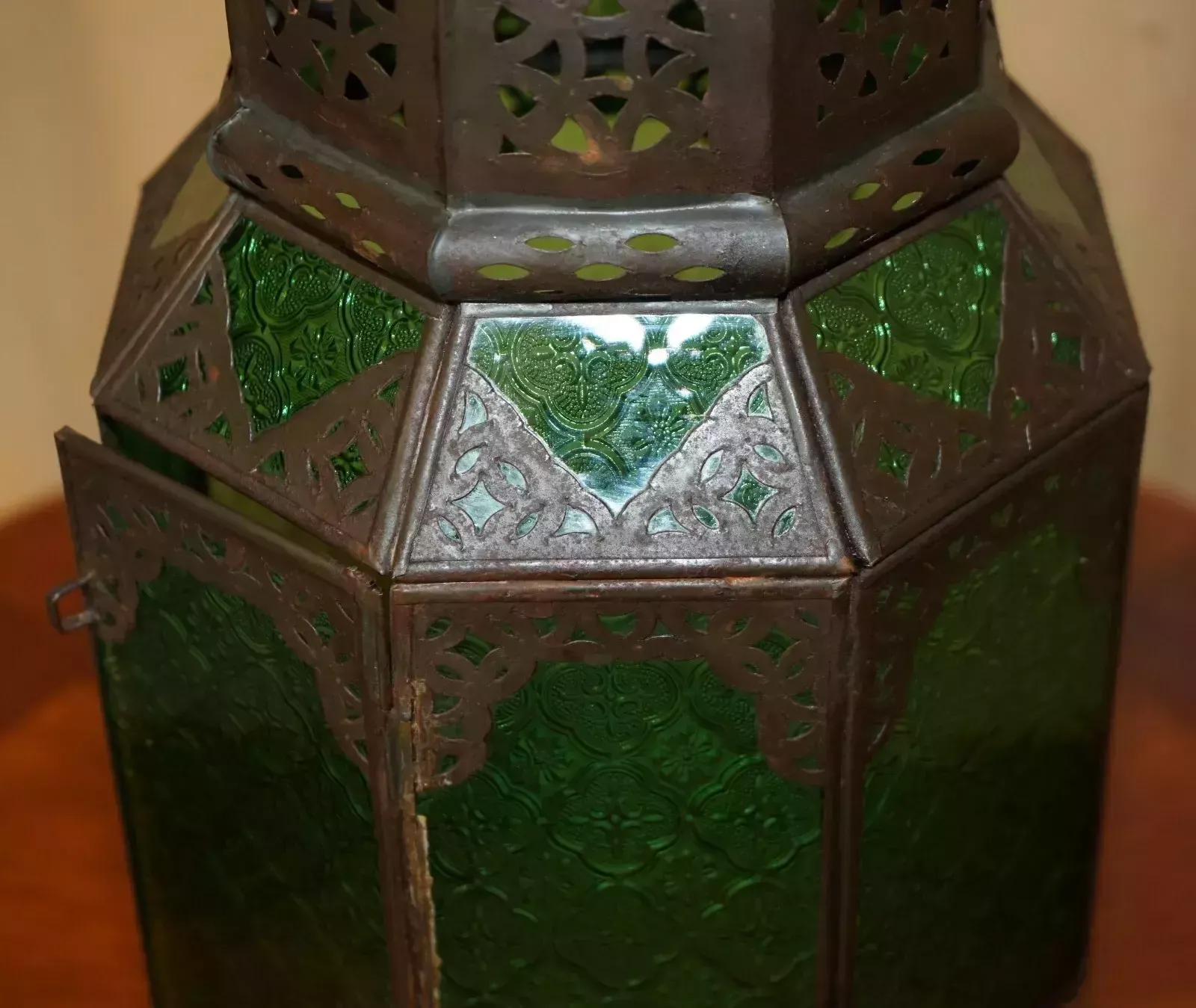 Antique Repousse Moroccan Bronzed Hanging Lantern Jade Green Glass Panels photo vinterior