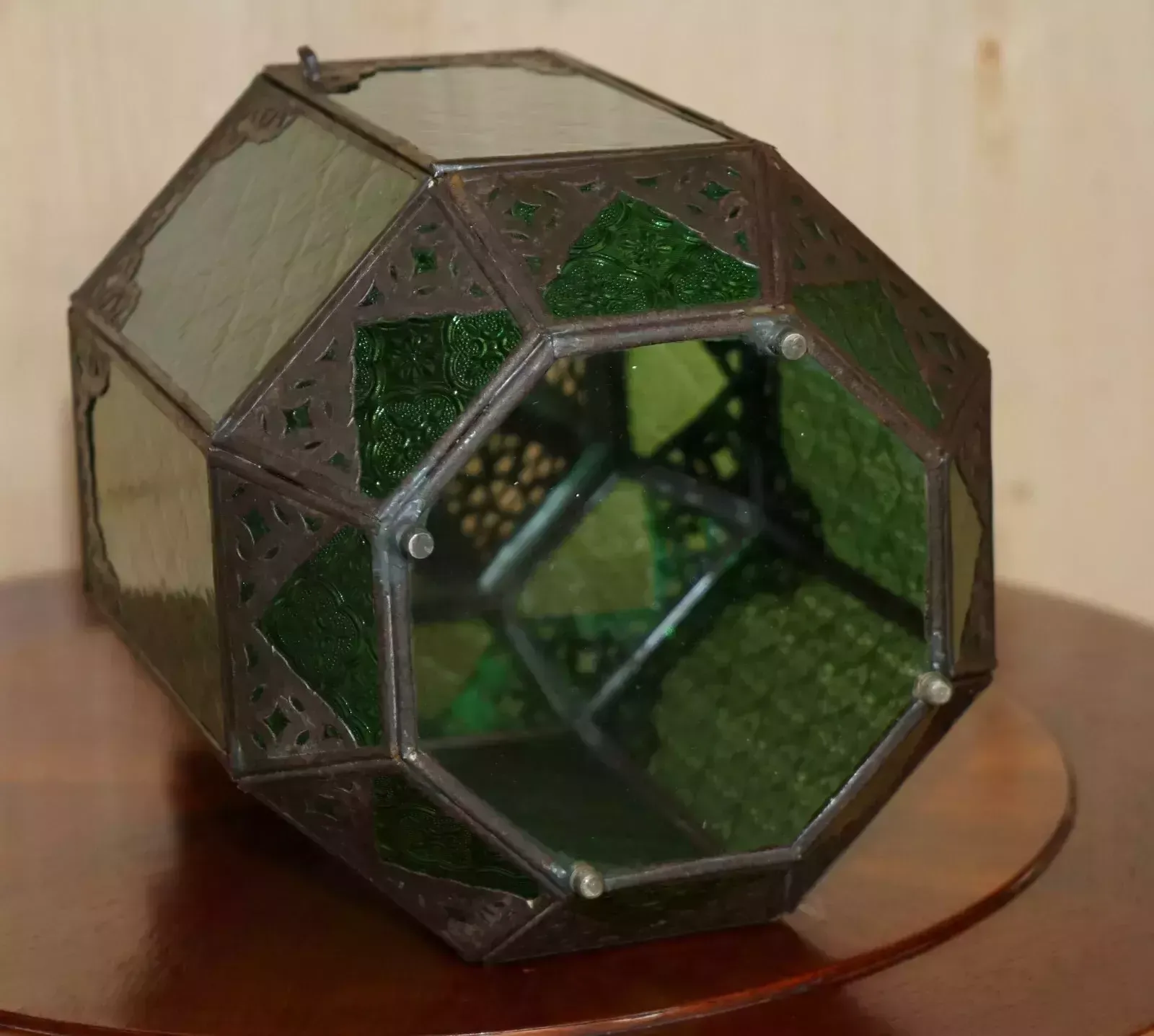 495.0 Antique Repousse Moroccan Bronzed Hanging Lantern Jade Green Glass Panels photo