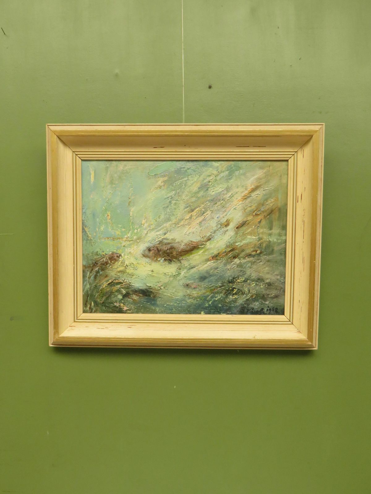 Framed Oil On Board 'Fish' By Karolyi, Signed And Dated 1968 photo furniture