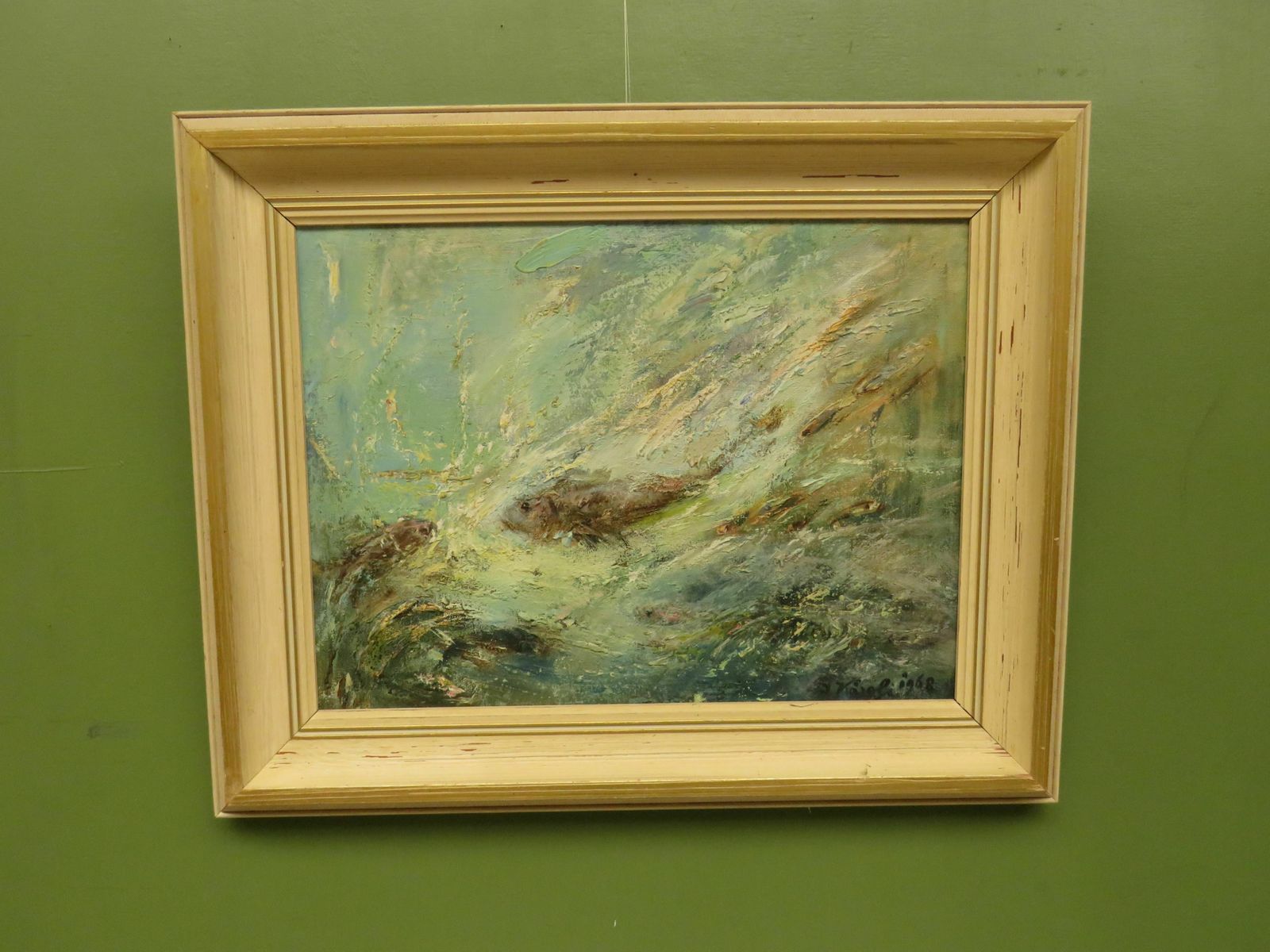 Framed Oil On Board 'Fish' By Karolyi, Signed And Dated 1968 photo Art