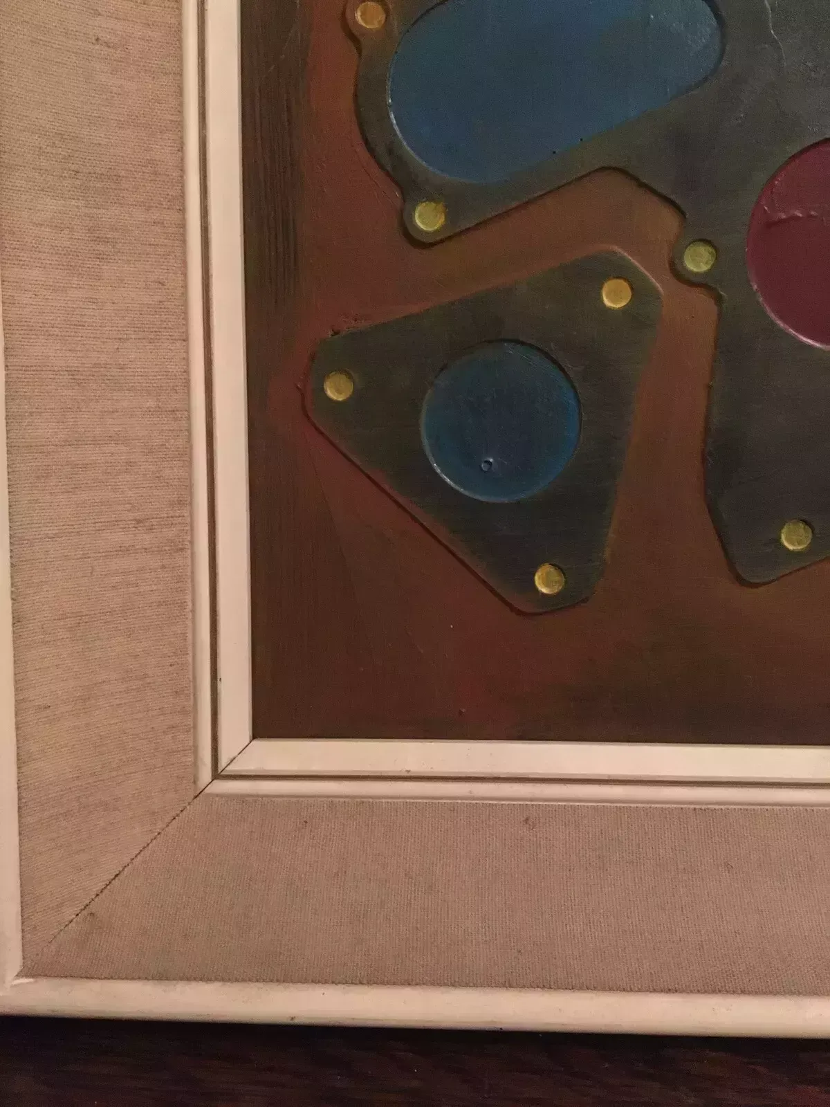 Large Industrial Modernist Oil Painting Abstract Assemblage Art 1970s Signed photo Art