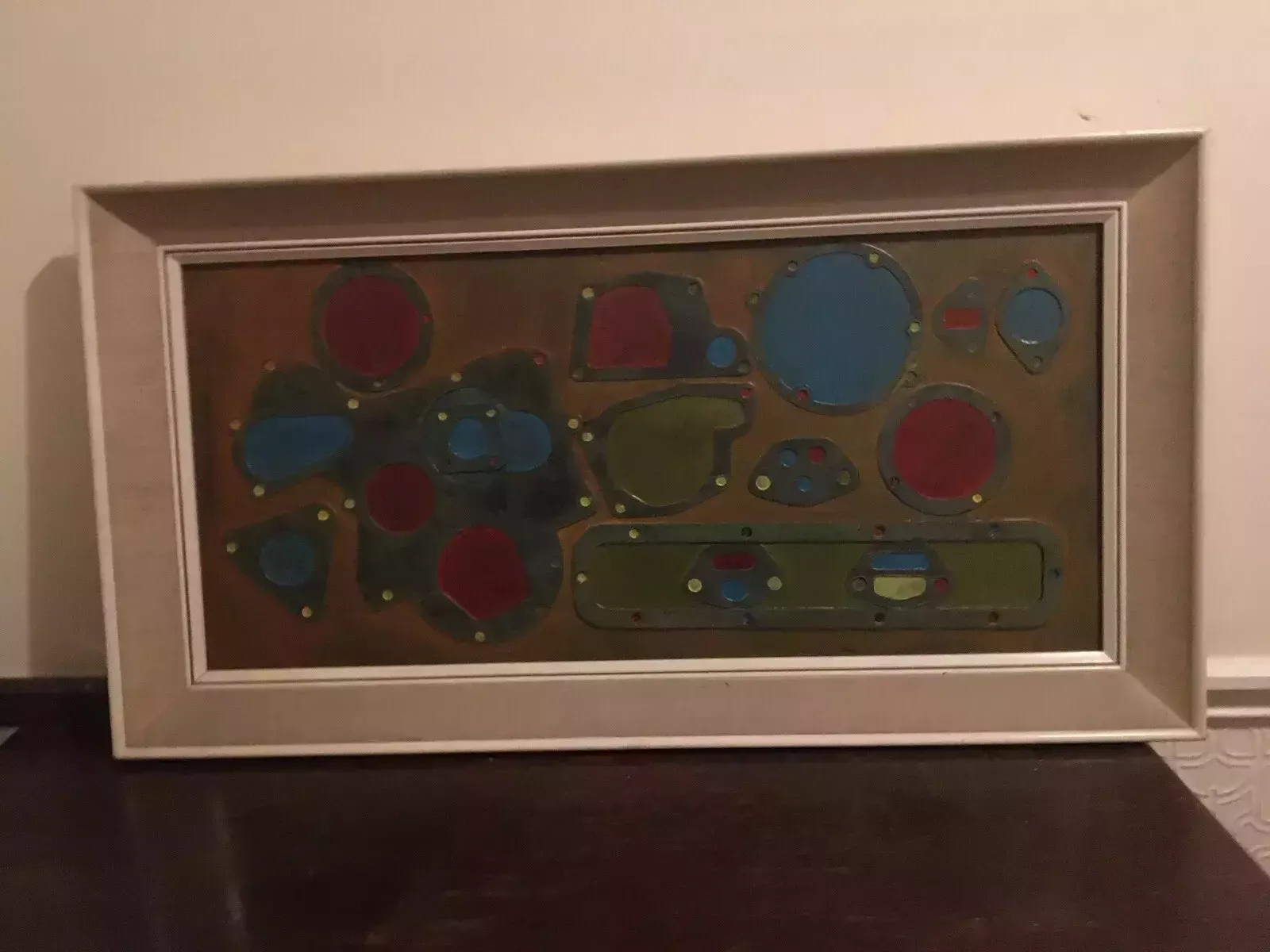 photo for sale Large Industrial Modernist Oil Painting Abstract Assemblage Art 1970s Signed