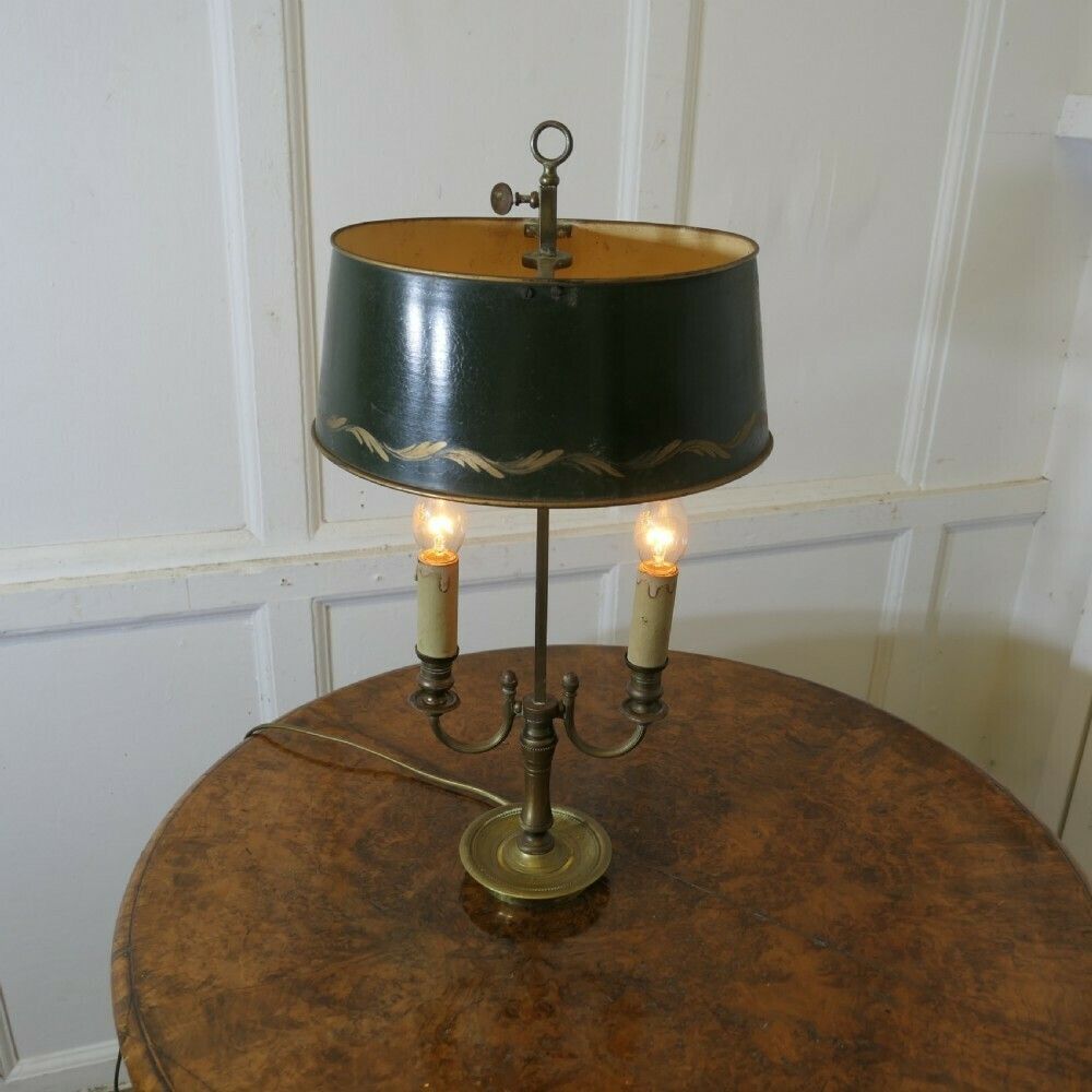 Green Toleware And Brass Twin Bouillotte Desk Lamp From France