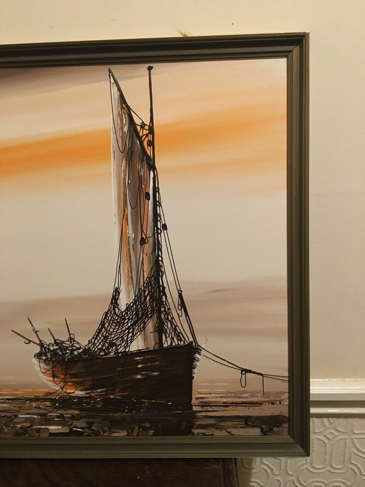 Large Vintage Oil Painting Fishing Boat Mid Century Panoramic Orange Sunset photo 85.0