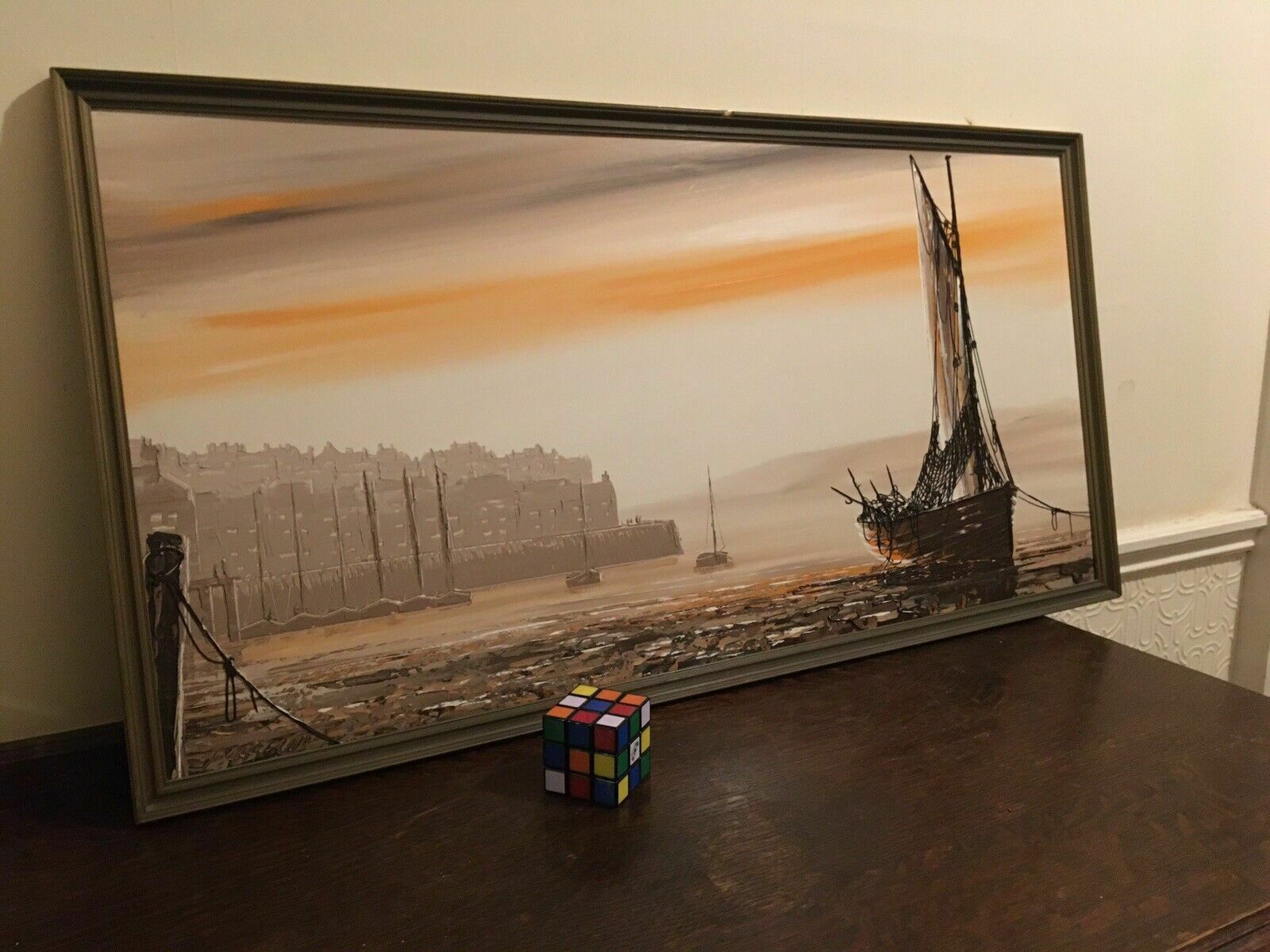 photo vinterior Large Vintage Oil Painting Fishing Boat Mid Century Panoramic Orange Sunset