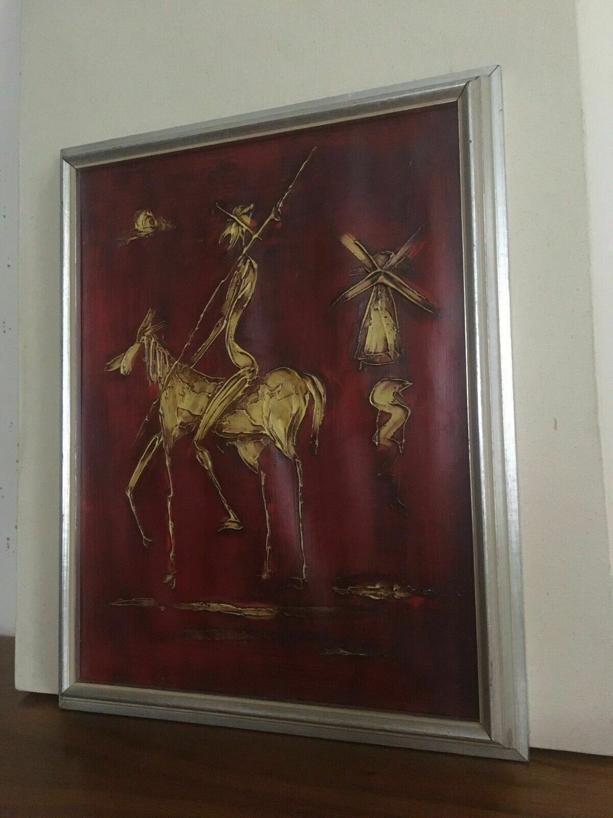 Vintage Original Impasto Painting Don Quixote Windmill Swedish Framed Art Midc20