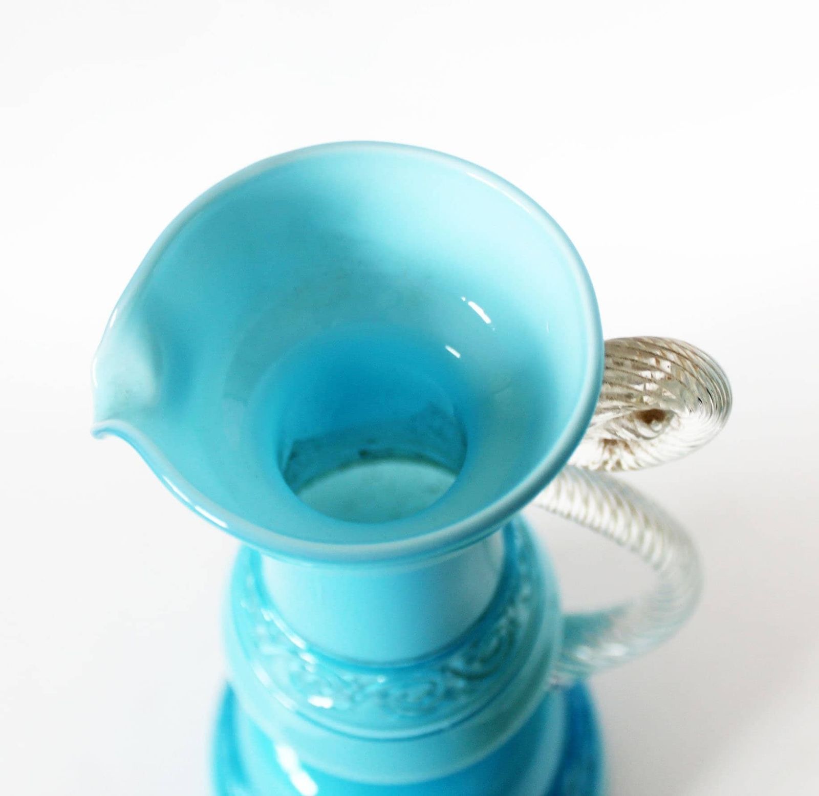 Tall And Large Vintage Retro Mid Century Turquoise Lavorazione A Mano Toscana Italy Stelvia Glass Pitcher Vase, Opaline Italy, Handle, Label photo vintage