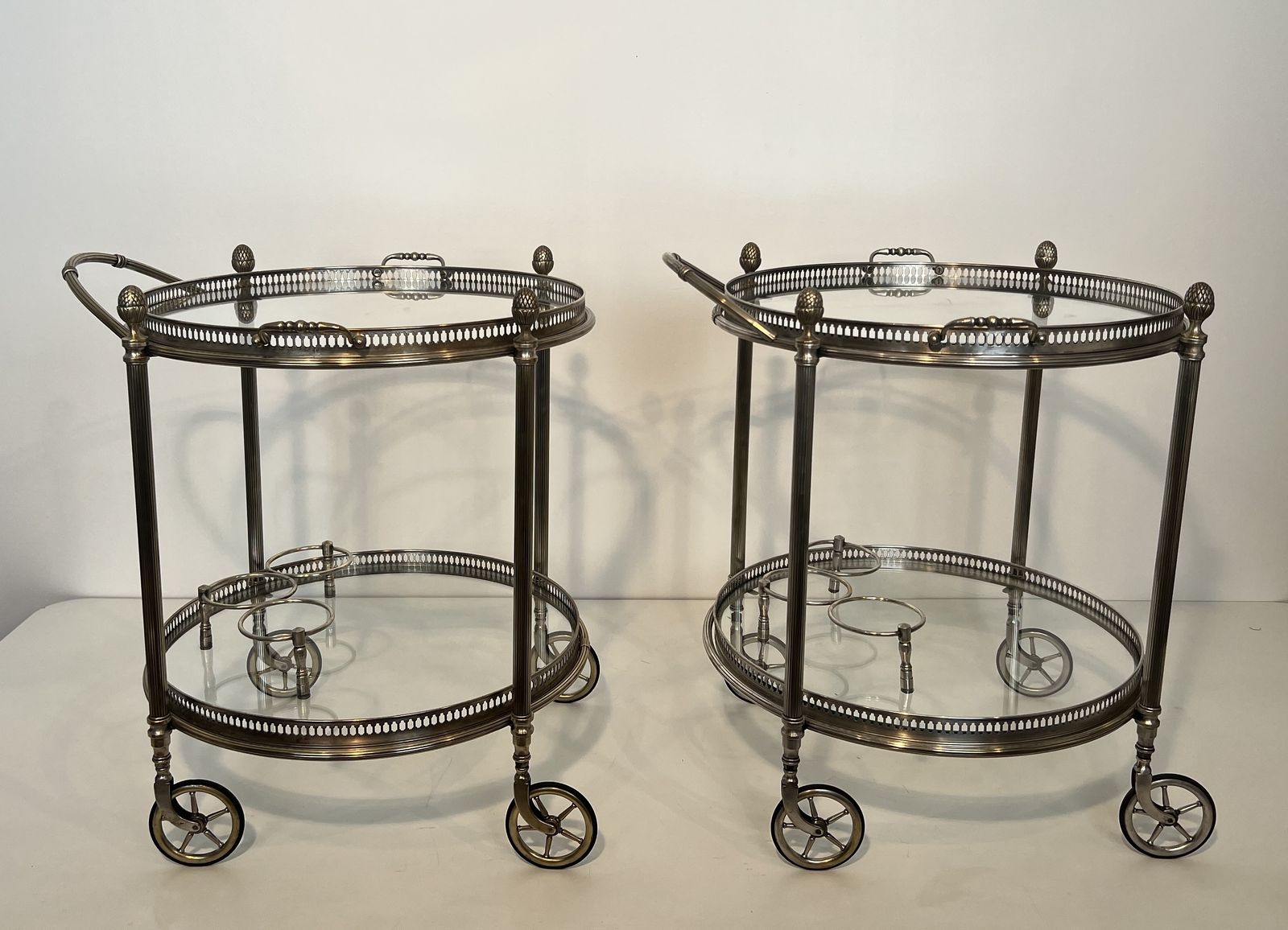 photo for sale Rare Set Of 3 Round Rolling Tables In Silver Plated Brass From Maison Baguès