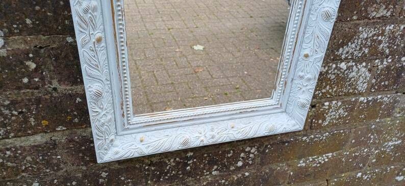 Small Ornate Painted Shabby Chic Mirror In Farrow And Ball Light Blue. Gold Highlights. photo 75.0