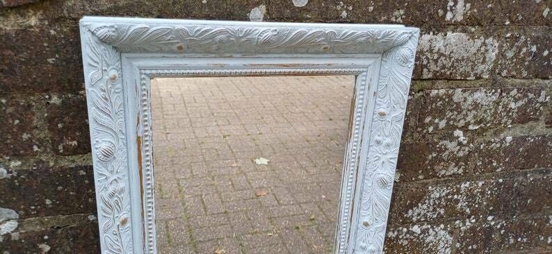 Small Ornate Painted Shabby Chic Mirror In Farrow And Ball Light Blue. Gold Highlights. photo vinterior