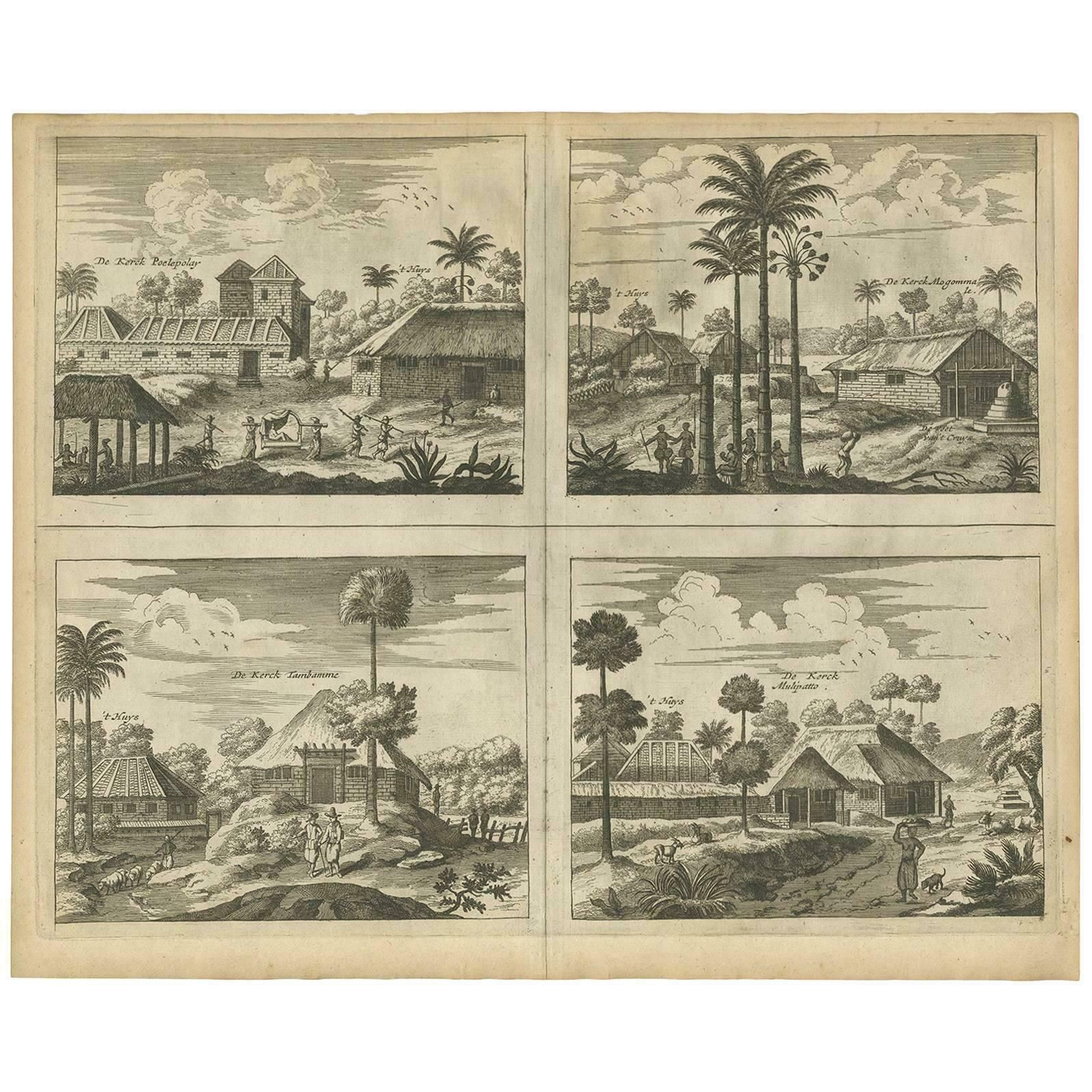 Antique Print Of The Churches Of Poelepolay, Mogommate, Tambamme And Mulipatto