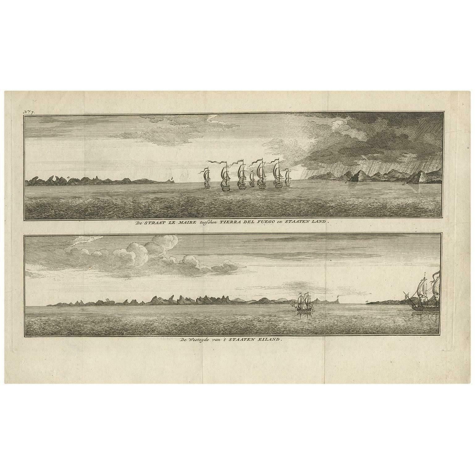 Antique Print With Views Of Staten Island And Tierra Del Fuego By Anson (C.1760)
