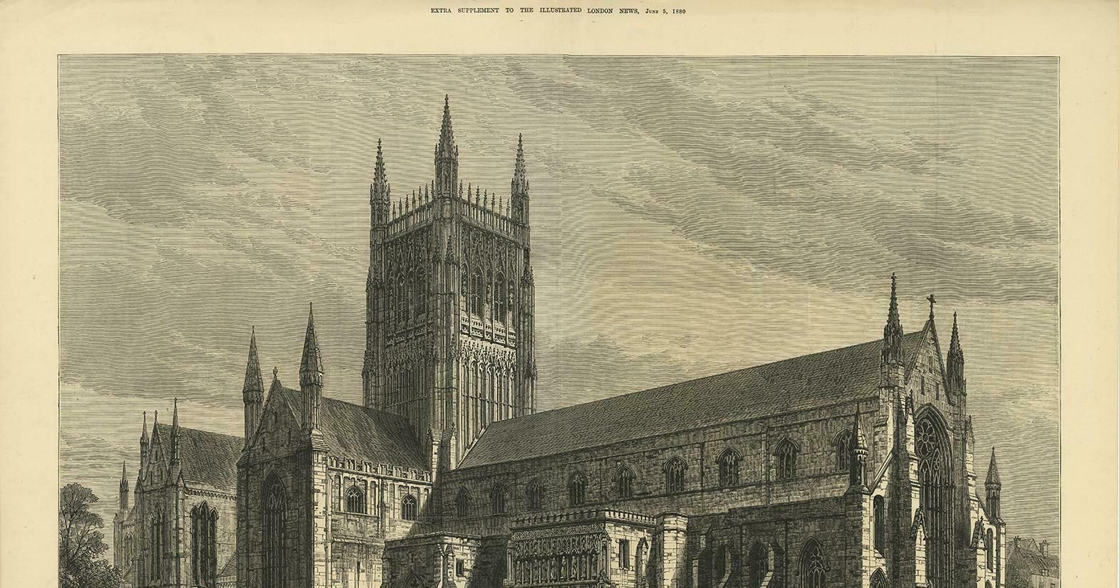 Antique Print Of Worcester Cathedral From The Illustrated London News, 1880 photo for sale