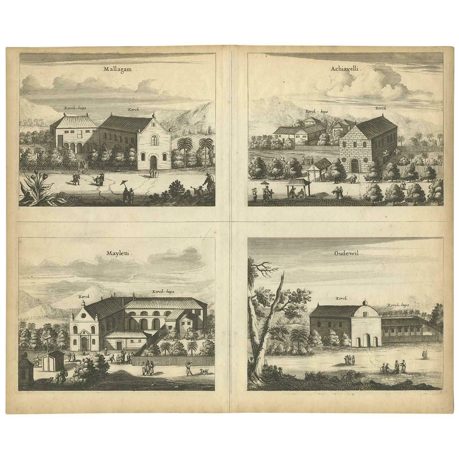 Antique Print Of The Churches Of Mallagam, Achiavelli, Mayletti And Oudewil