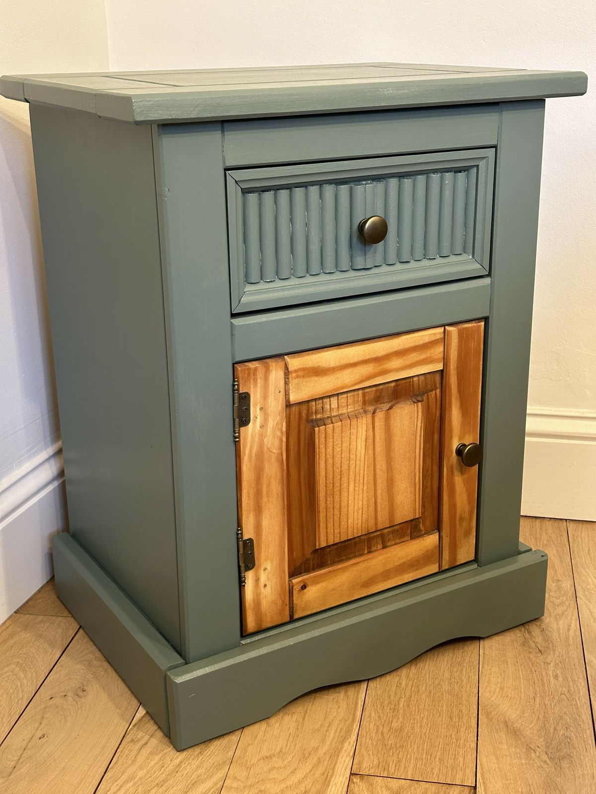 Hand Painted Upcycled Bedside Cabinet   Solid Wood In Green Smoke By Farrow And Ball