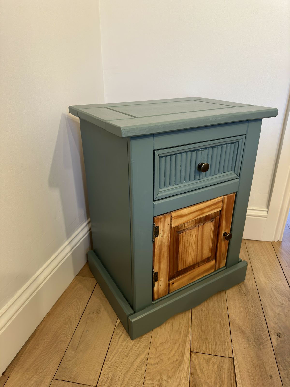 Hand Painted Upcycled Bedside Cabinet   Solid Wood In Green Smoke By Farrow And Ball photo vinterior