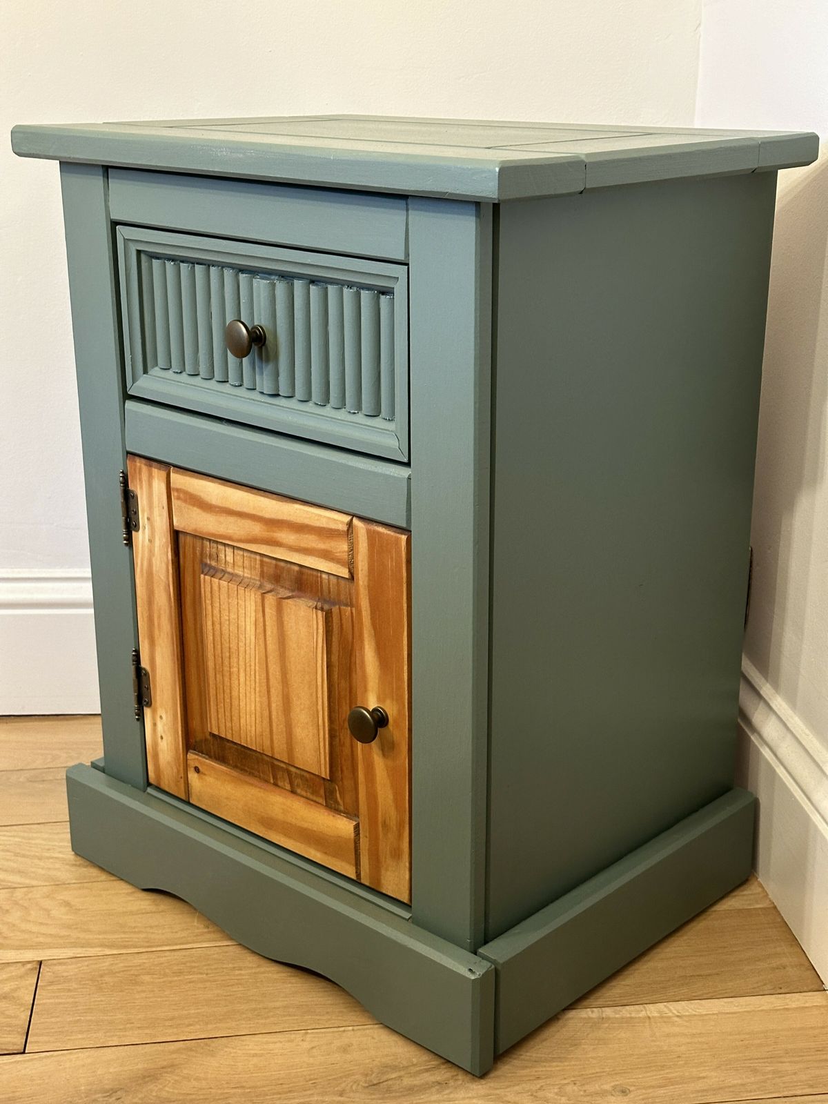 Hand Painted Upcycled Bedside Cabinet   Solid Wood In Green Smoke By Farrow And Ball photo vintage