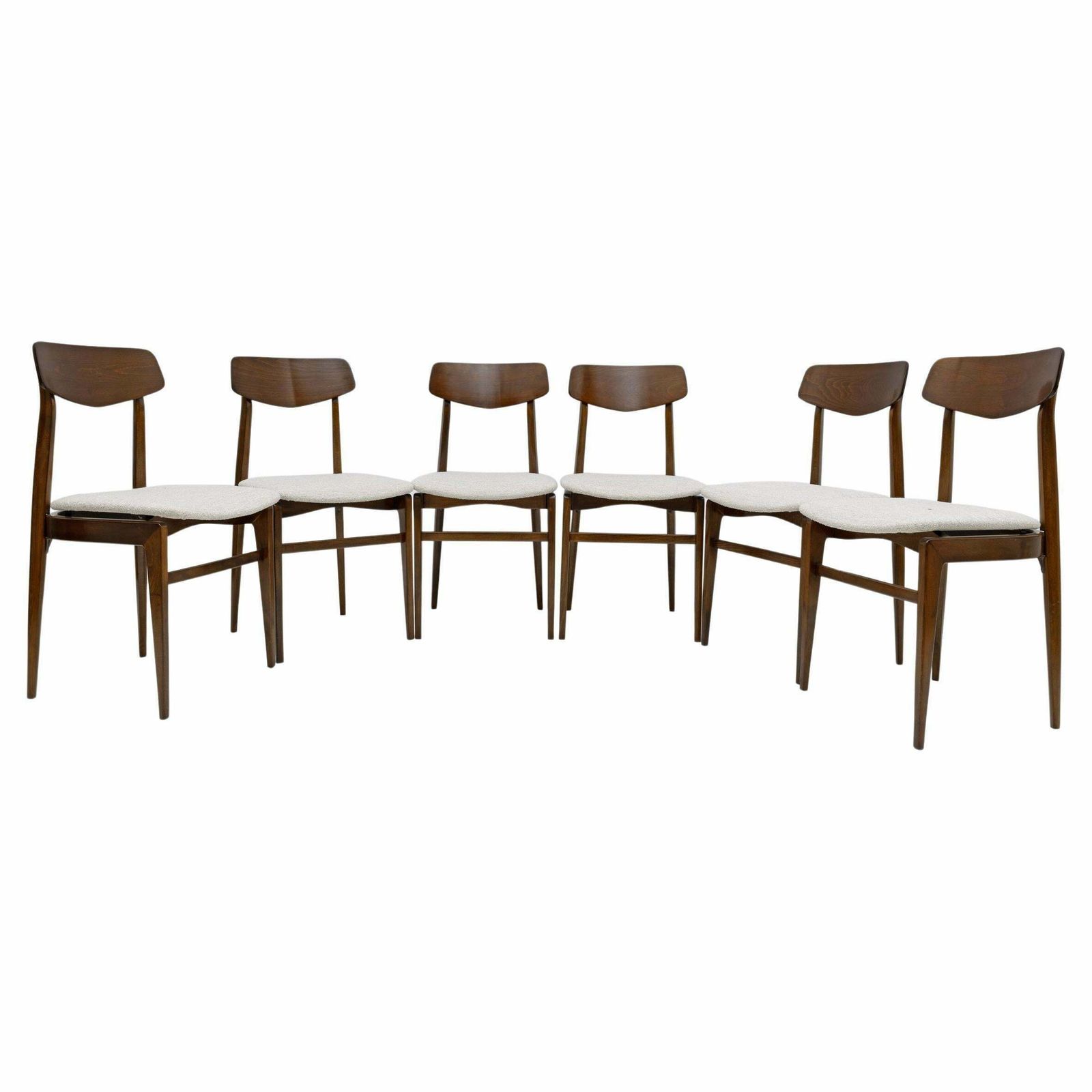 Set Of Six Walnut Stained Beech And Bouclè Fabric Dining Chairs, Denmark, 1960s