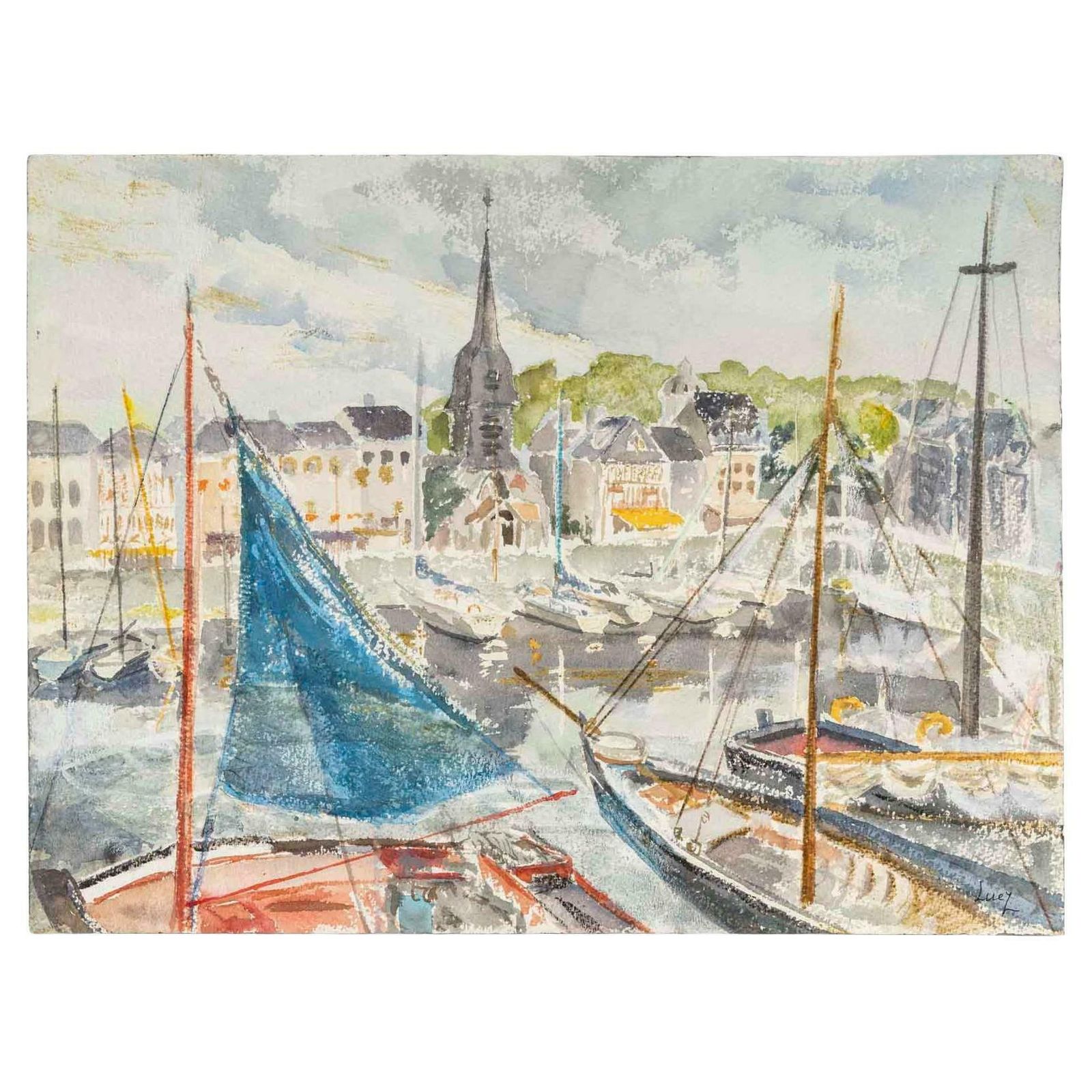 Watercolor On Paper By Evelyne Luez, 1960.