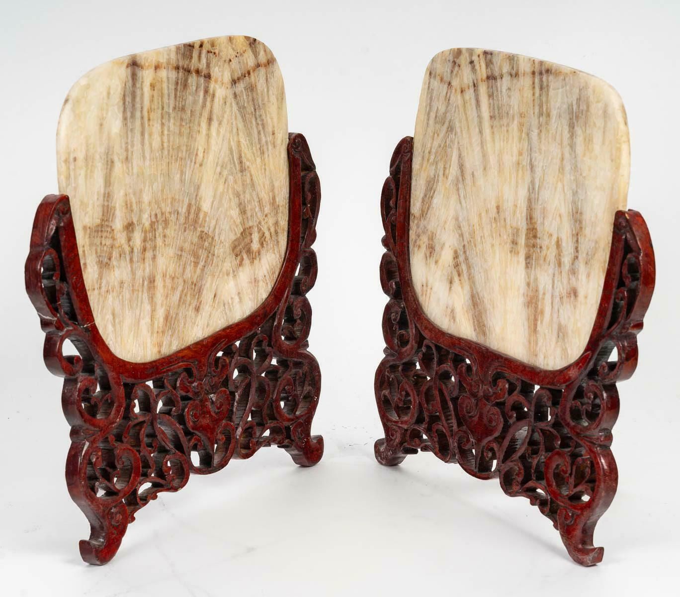 Pair Of Carved Wood And Transparent Marble Light Covers, Art Of Asia. photo vinterior