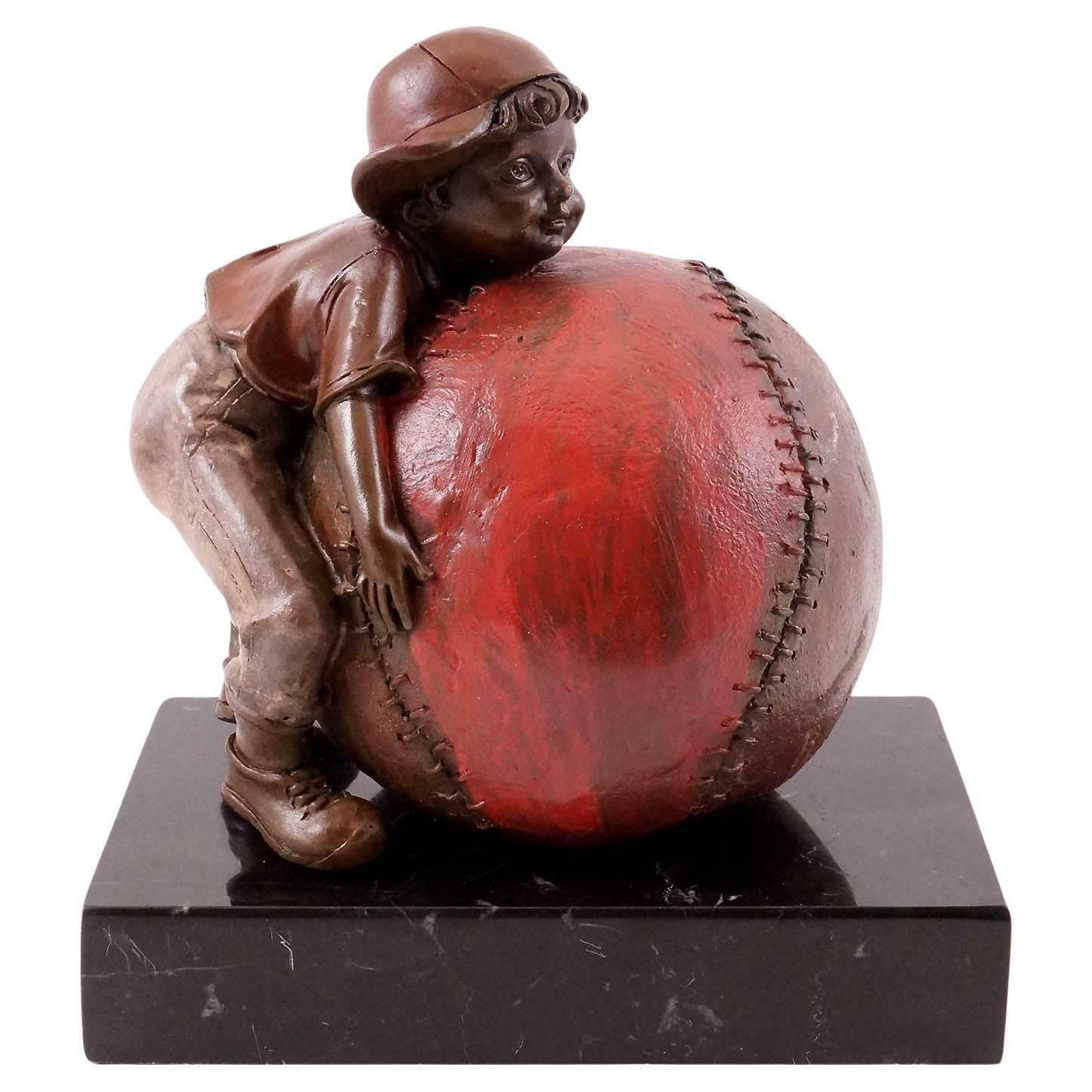 Bronze Sculpture Representing The Child And The Joy Of Baseball, 20th Century.
