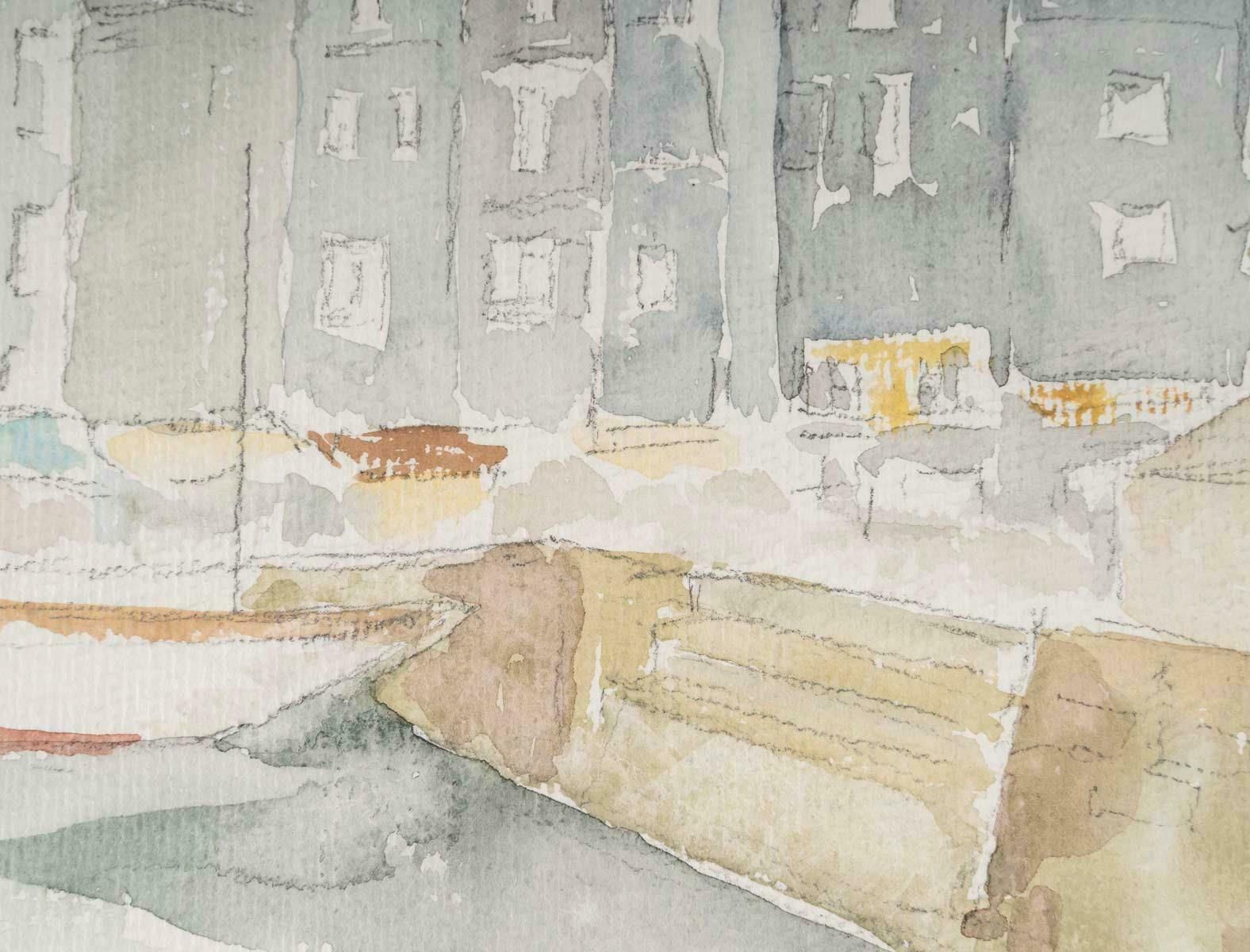 Watercolour On Paper Depicting A City And Its Canal, 1980. photo vinterior