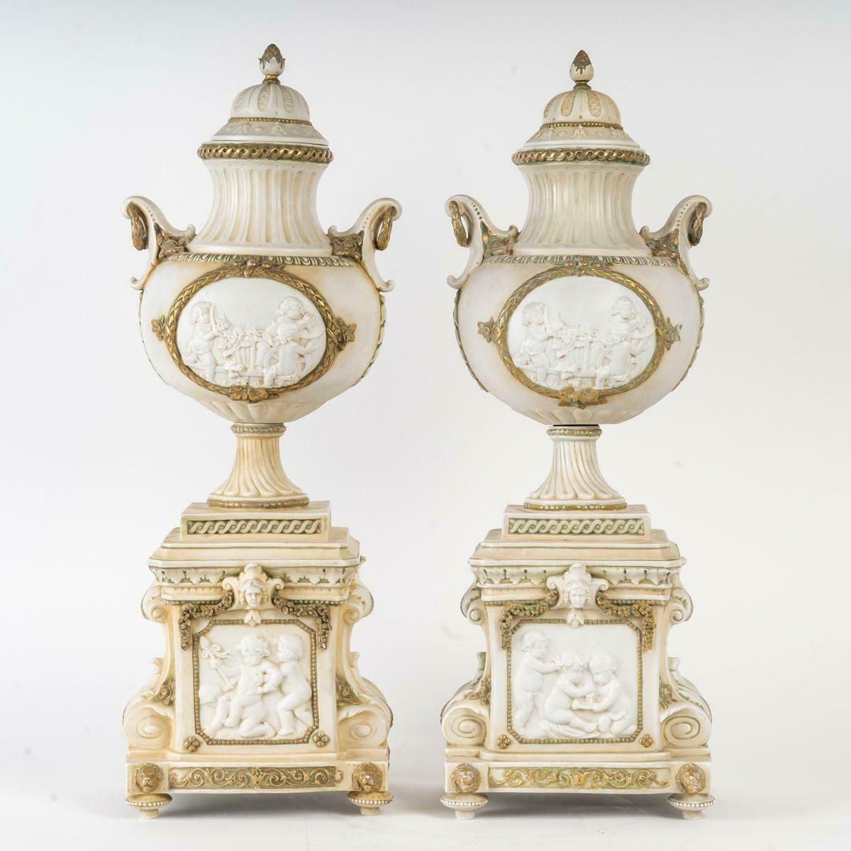 Pair Of 19th Century Napoleon III Period Covered Vases In Biscuit. photo furniture
