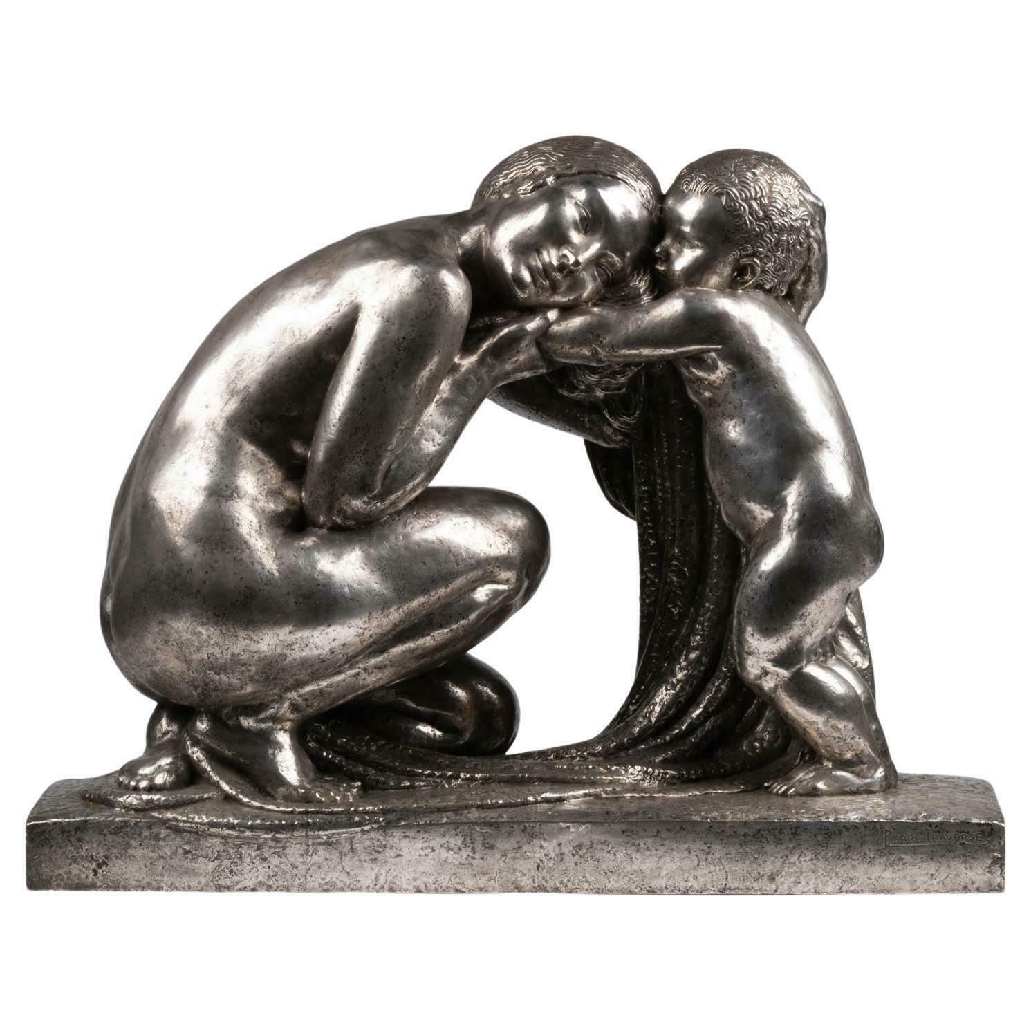 Large Silver Plated Bronze Sculpture By Pierre Traverse, Circa 1930, Art Deco.