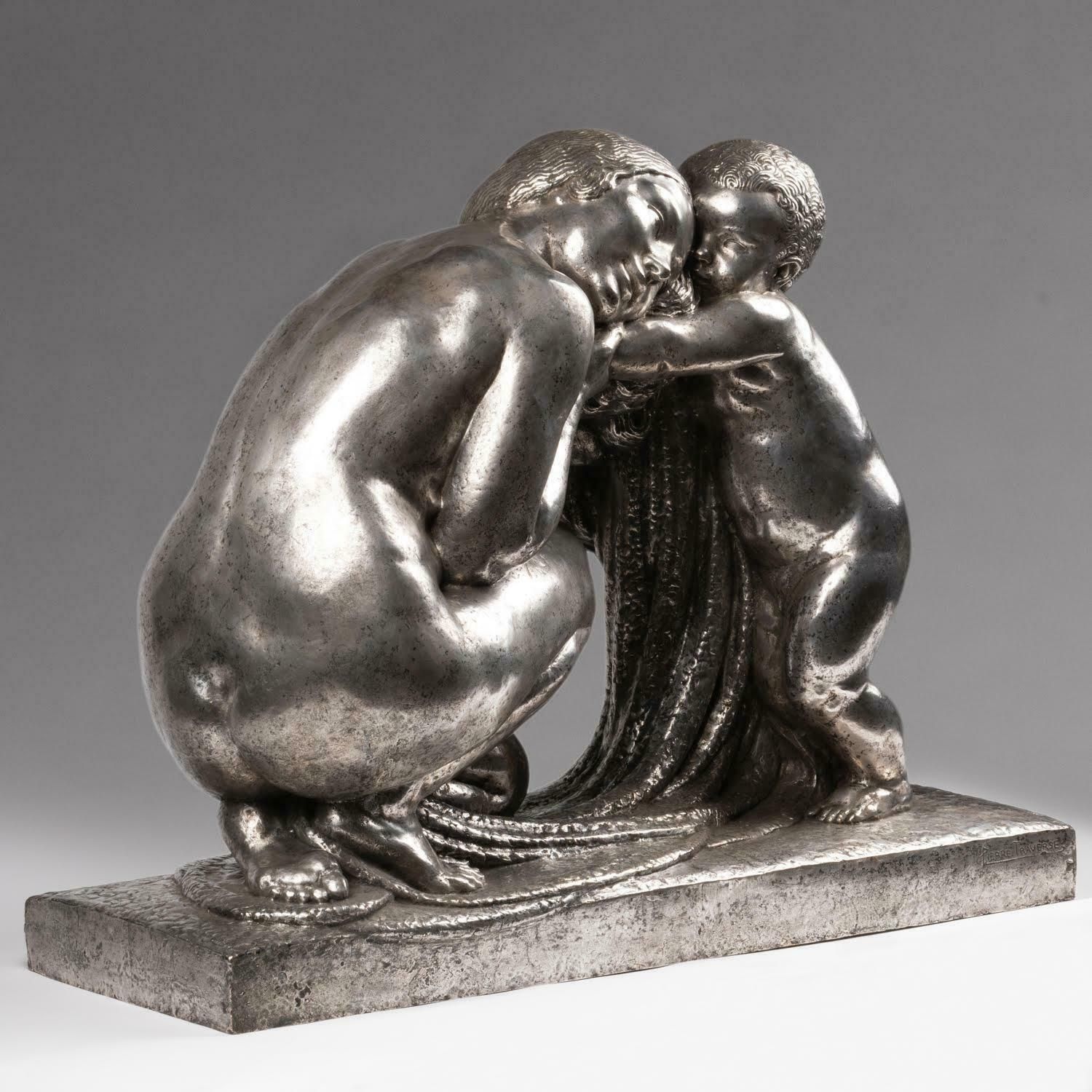 Large Silver Plated Bronze Sculpture By Pierre Traverse, Circa 1930, Art Deco. photo furniture