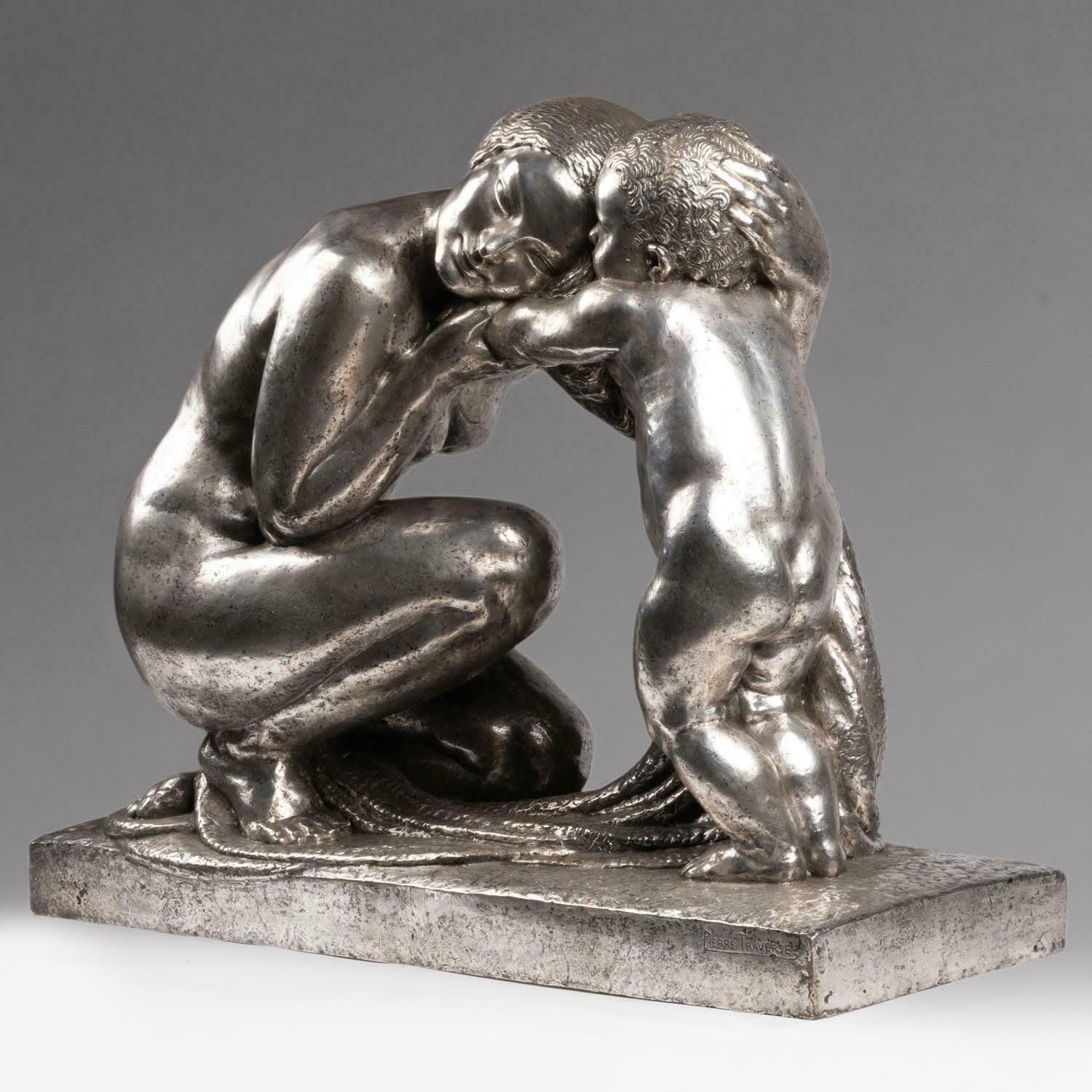 Large Silver Plated Bronze Sculpture By Pierre Traverse, Circa 1930, Art Deco. photo Art